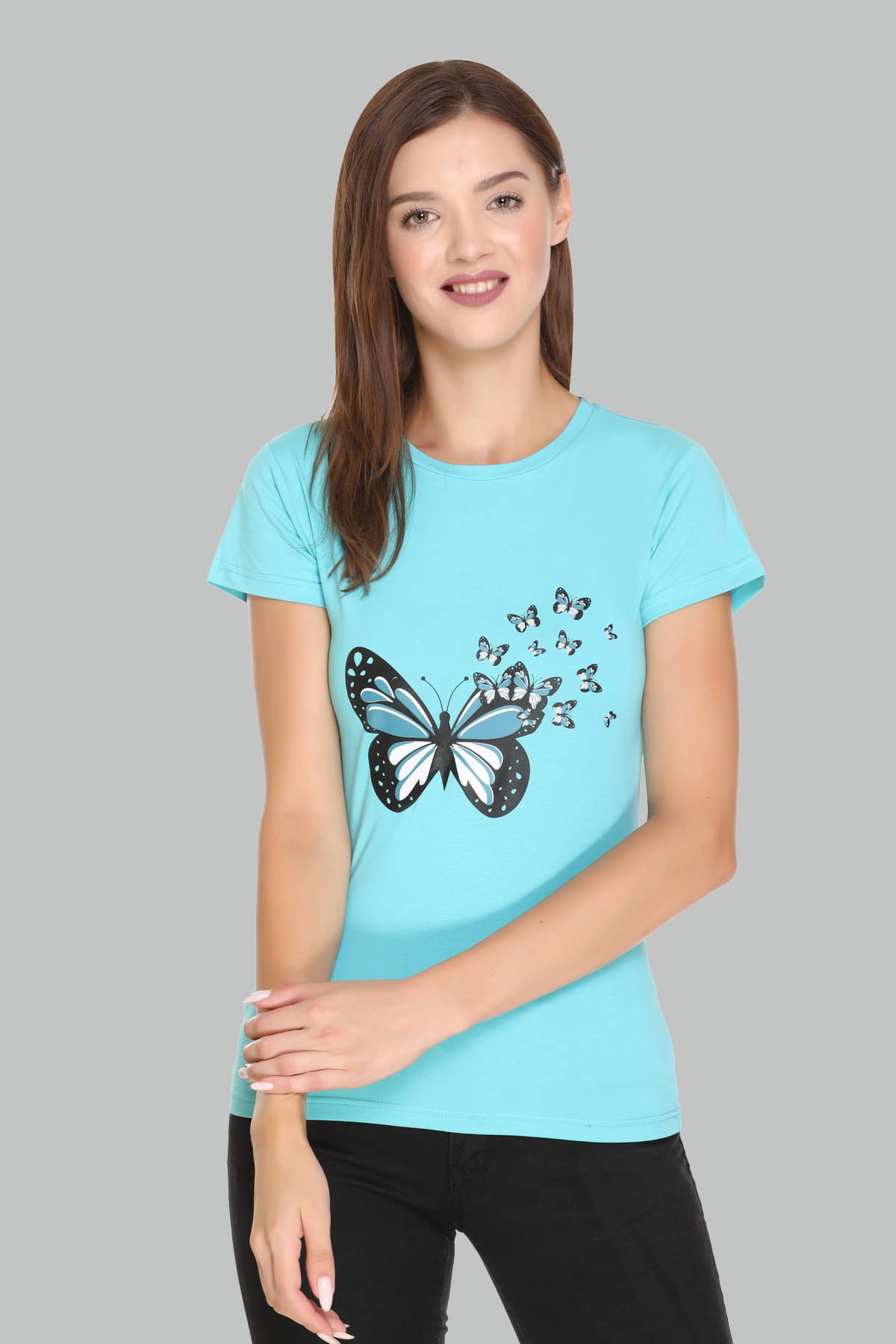 RF RAVES Women Cotton Printed Regular Fit Round Neck T-Shirt ( Light Blue ) RF RAVES Women Cotton Printed Regular Fit Round Neck T-Shirt ( Light Blue )