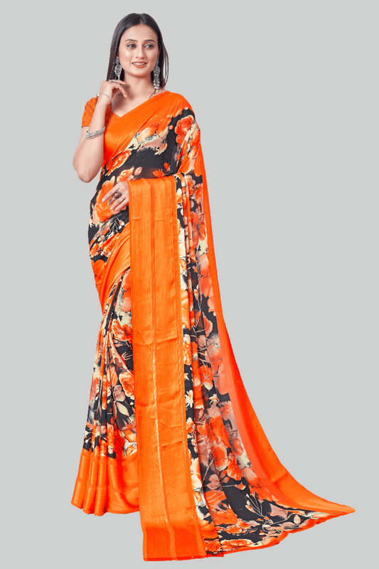     			Sitanjali Satin Printed Saree With Unstitched Blouse Piece ( Orange )