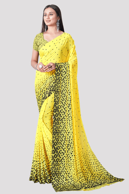     			Sitanjali Georgette Printed Saree With Unstitched Blouse Piece ( Yellow )