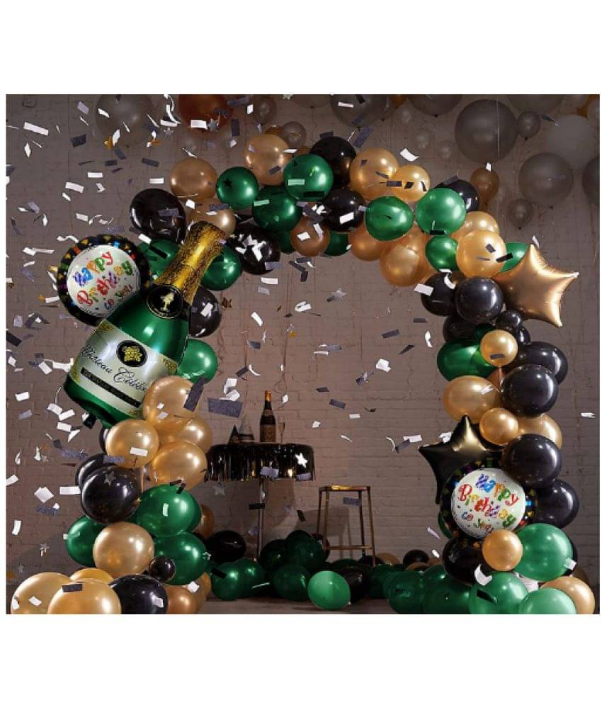     			Blooms  Mall Set of 35 Pcs Happy Birthday / Anniversary / Bachelorette Decoration Kit Combo For Boys Girls/Husband Wife/Brother Sister/Father Mother/friend- Black Gold Stars ,Bottle ,Printed Happy Birthday ,Green Theme Metallic Foil Balloons