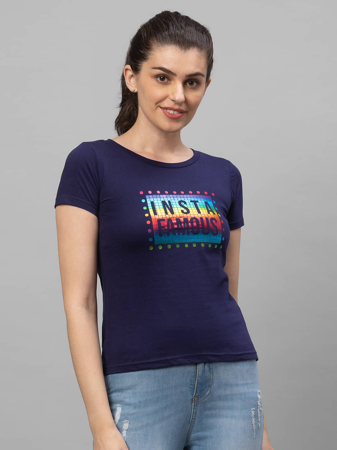 Globus - Navy Blue Cotton Regular Fit Women's T-Shirt ( Pack of 1 ) Globus - Navy Blue Cotton Regular Fit Women's T-Shirt ( Pack of 1 )