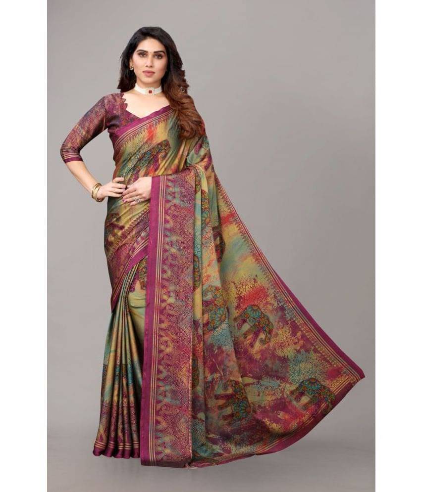     			FABMORA Chiffon Printed Saree With Unstitched Blouse Piece ( Wine )