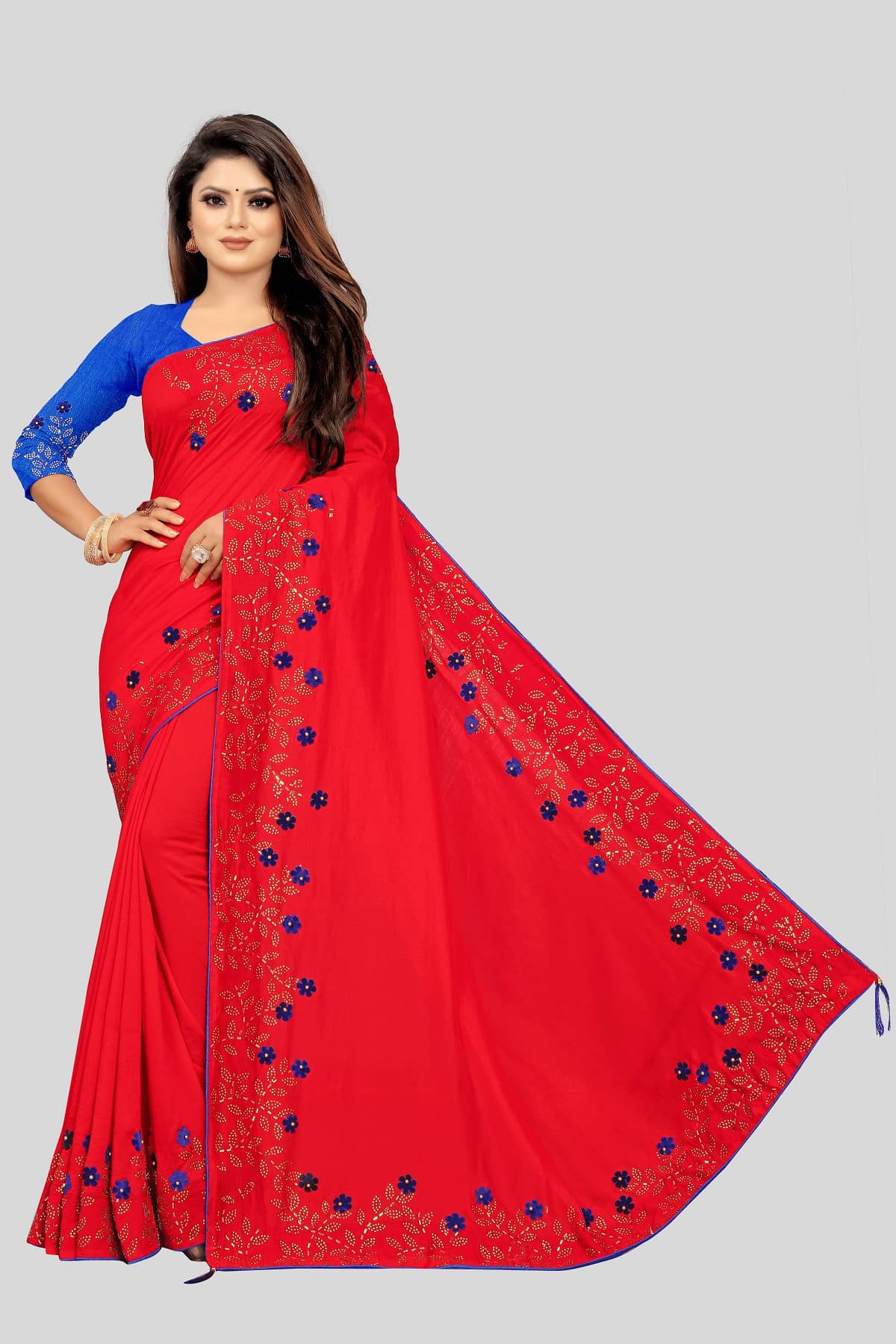 Gazal Fashions Silk Embroidered Saree With Unstitched Blouse Piece ( Red ) - Sarees | Buy online on ZillyBuy
