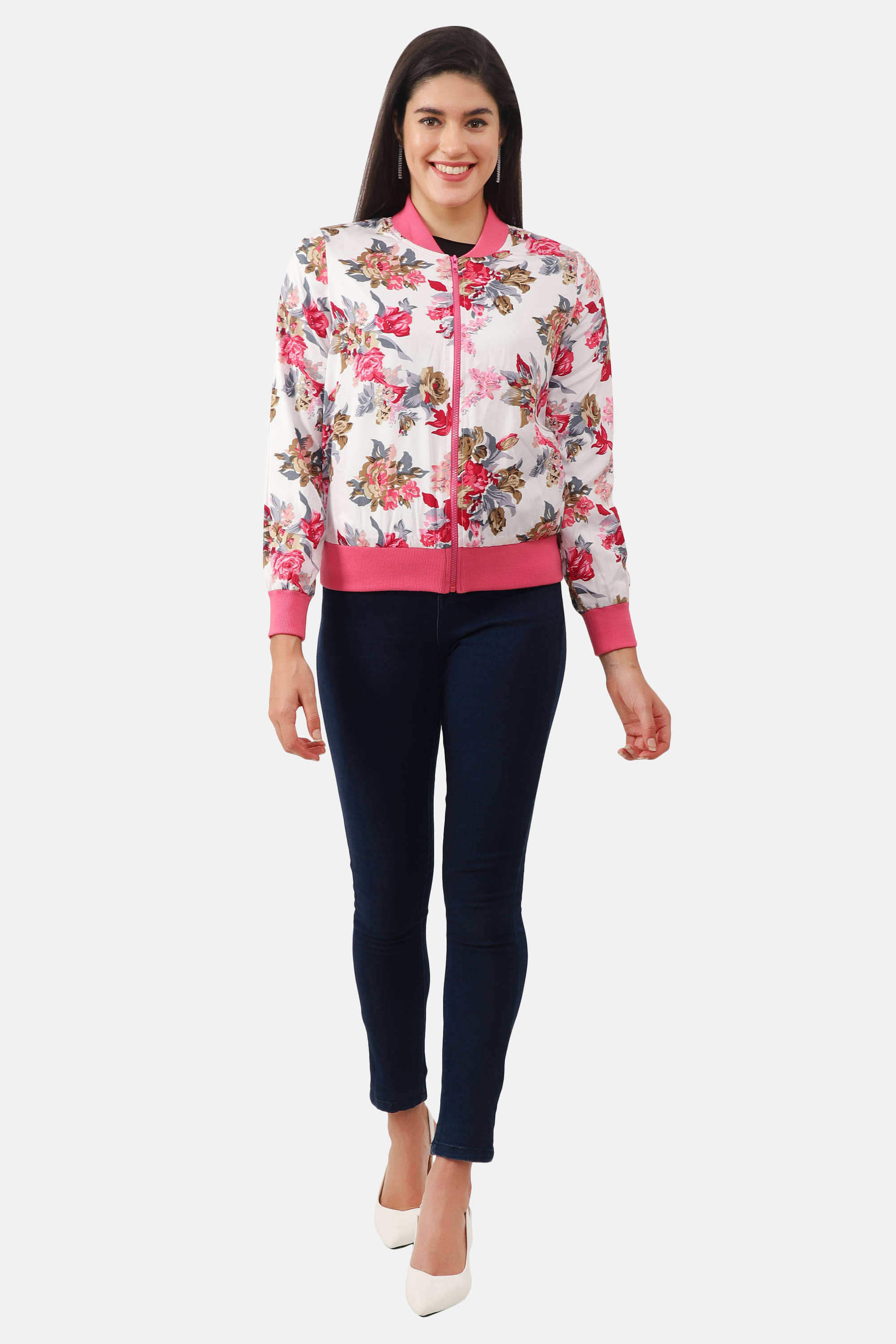    			NUEVOSDAMAS Rayon Pink Bomber Jackets Single