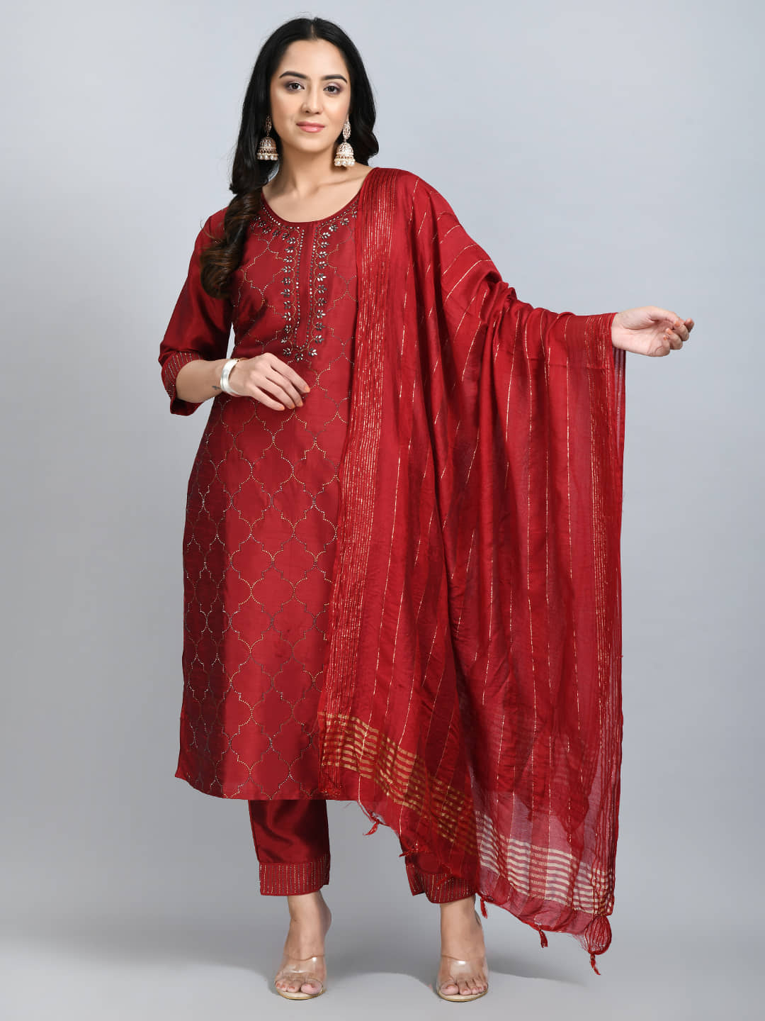 Desinoor - Maroon Straight Silk Blend Women's Stitched Salwar Suit ( Pack of 1 )