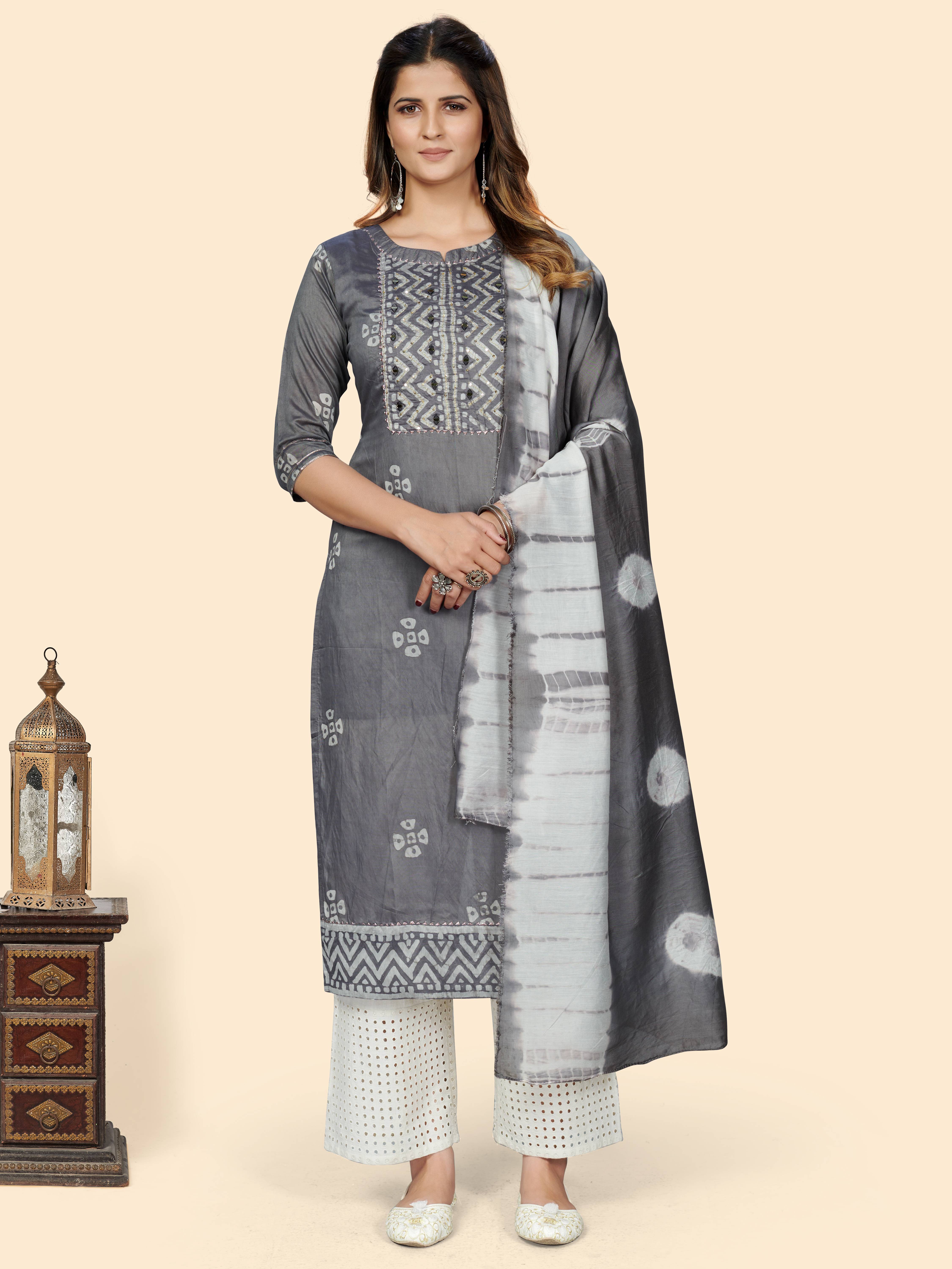 Vbuyz - Grey Chanderi Women's Straight Kurti ( Pack of 1 )     			Vbuyz - Grey Chanderi Women's Straight Kurti ( Pack of 1 )