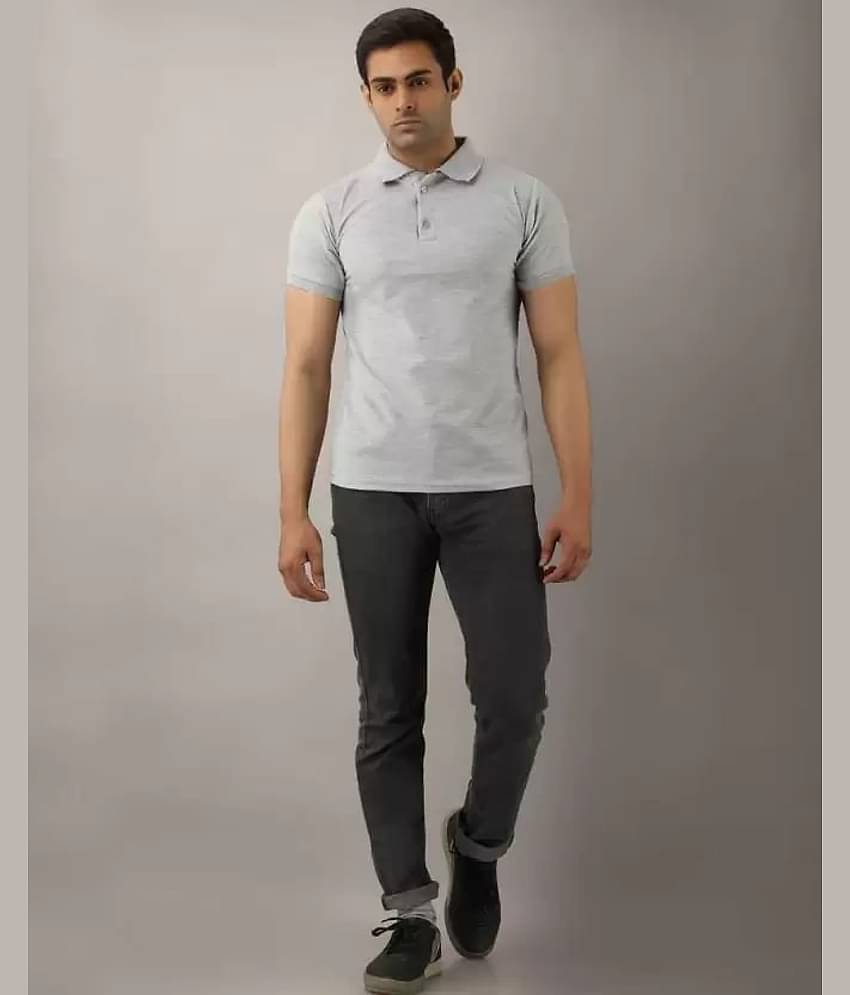 SKYRISE Pack of 1 Cotton Blend Slim Fit Self Design Half Sleeves Men's Polo T Shirt ( Grey )