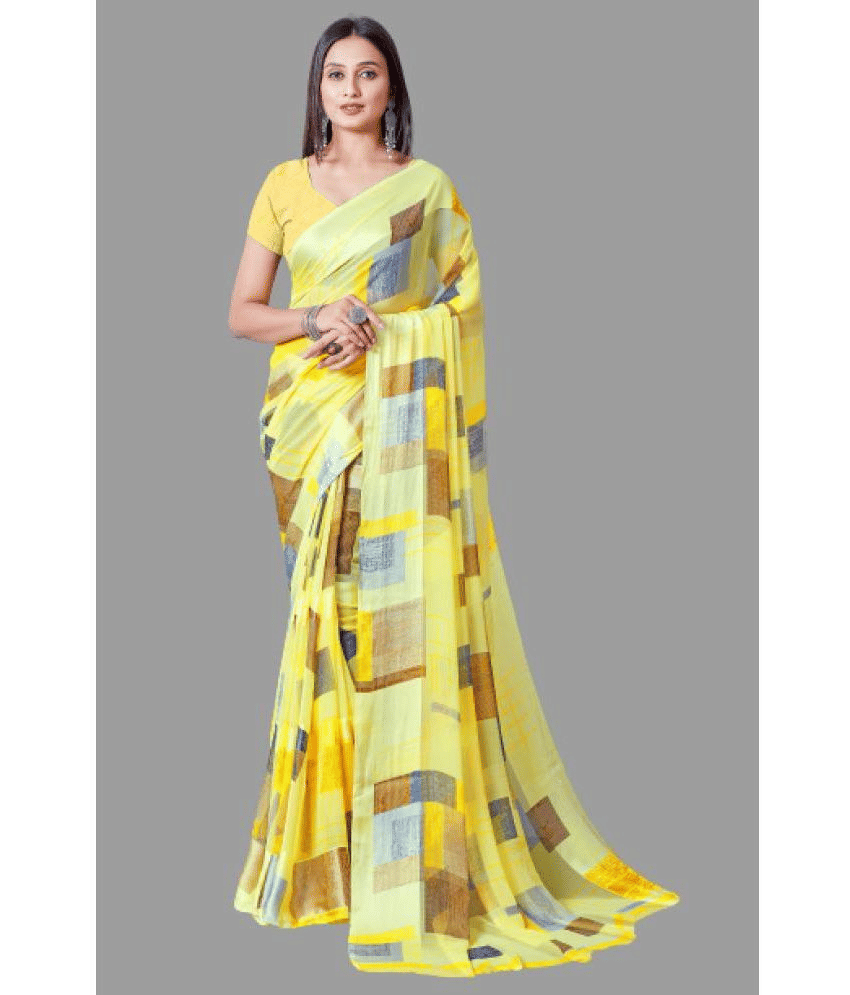 Sanjana Silks Georgette Printed Saree With Unstitched Blouse Piece ( Yellow )