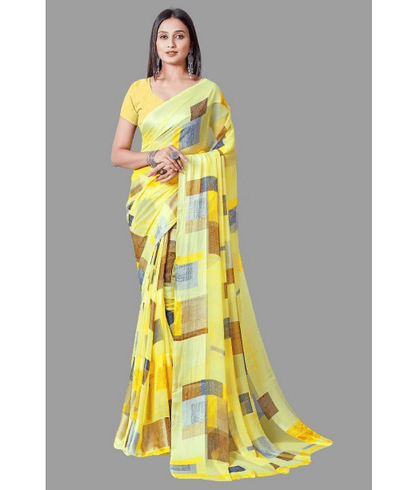 Sanjana Silks Georgette Printed Saree With Unstitched Blouse Piece ( Yellow )