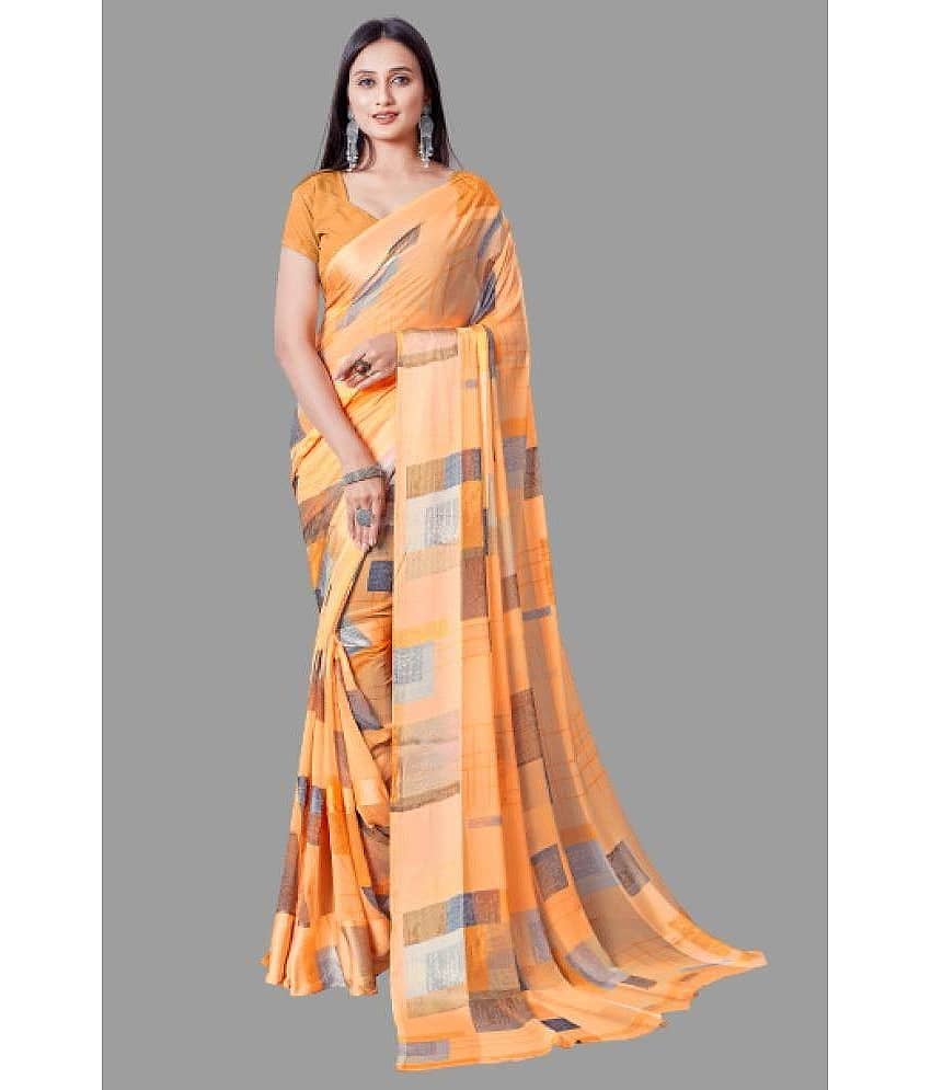 Sanjana Silks Georgette Checks Saree With Unstitched Blouse Piece ( Orange )