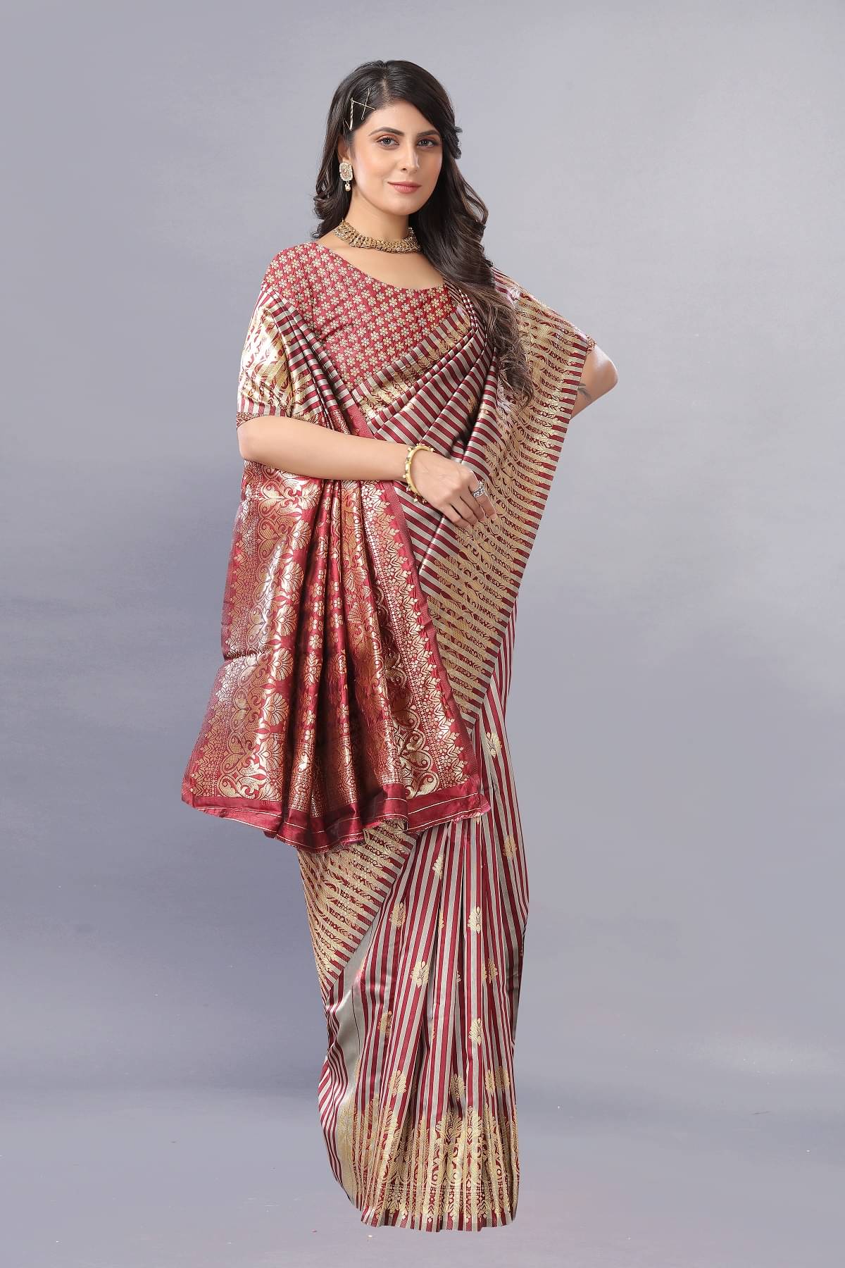     			Gazal Fashions Banarasi Silk Embellished Saree With Unstitched Blouse Piece ( Maroon )