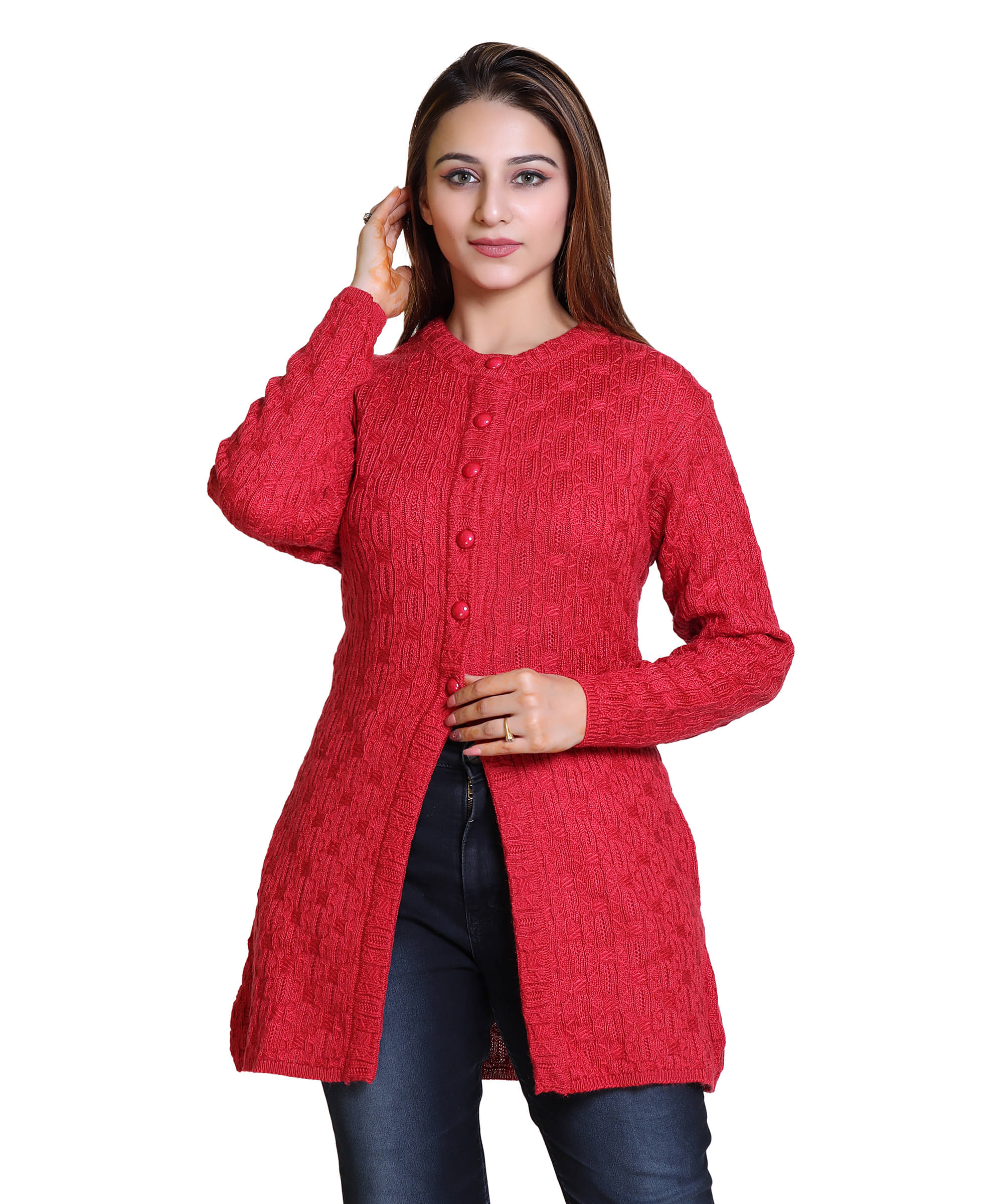 Varenyam Acrylic Red Buttoned Cardigans - Varenyam Acrylic Red Buttoned Cardigans -