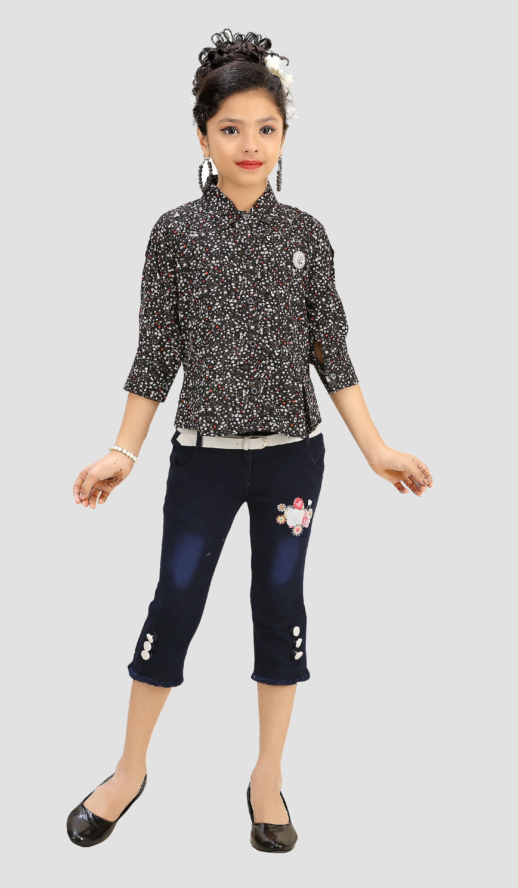     			Arshia Fashions Pack of 1 Girls Denim Top With Capris ( Black )