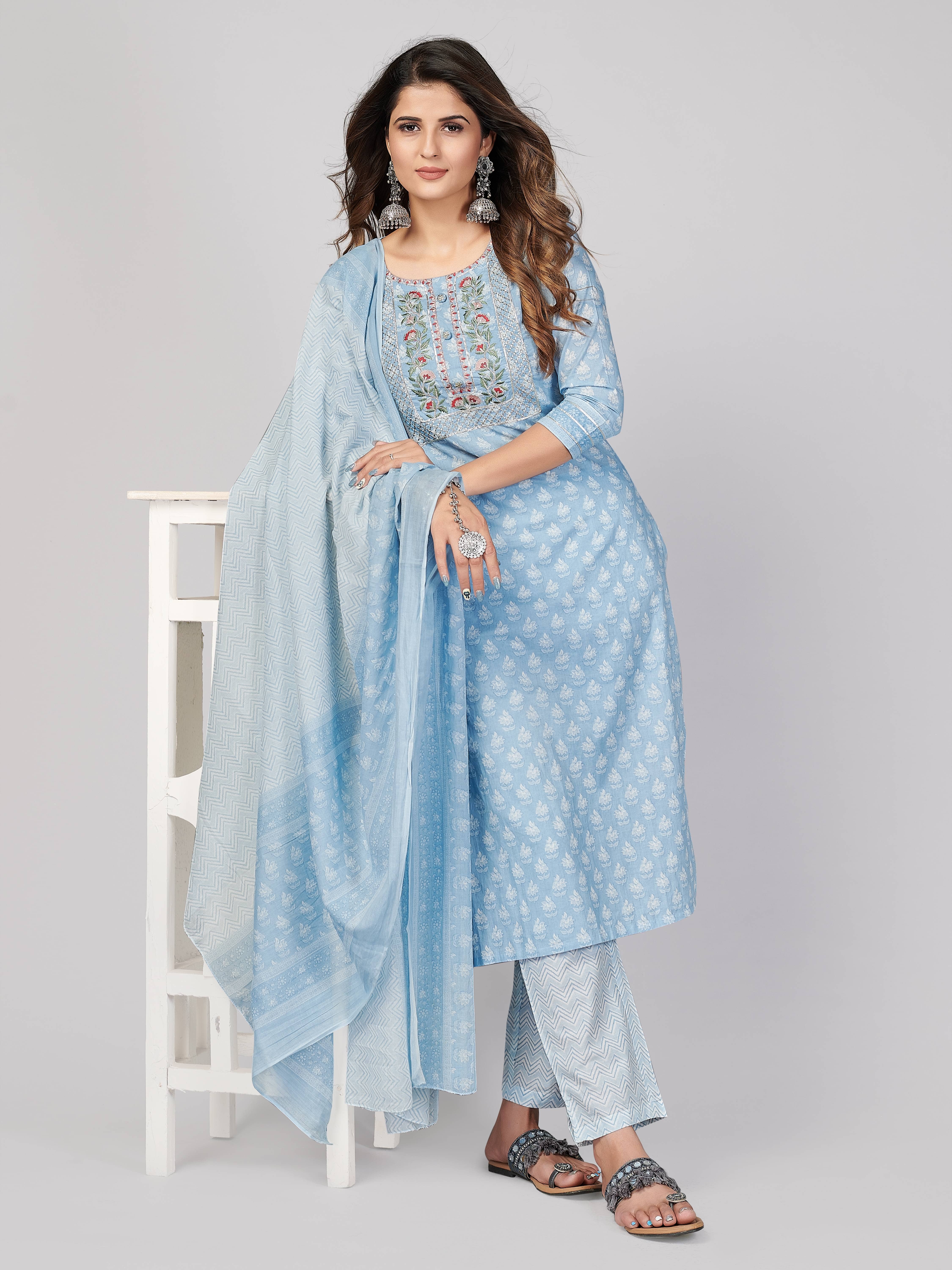 Vbuyz Women Cotton Embellished Straight Kurti With Pants ( Blue )