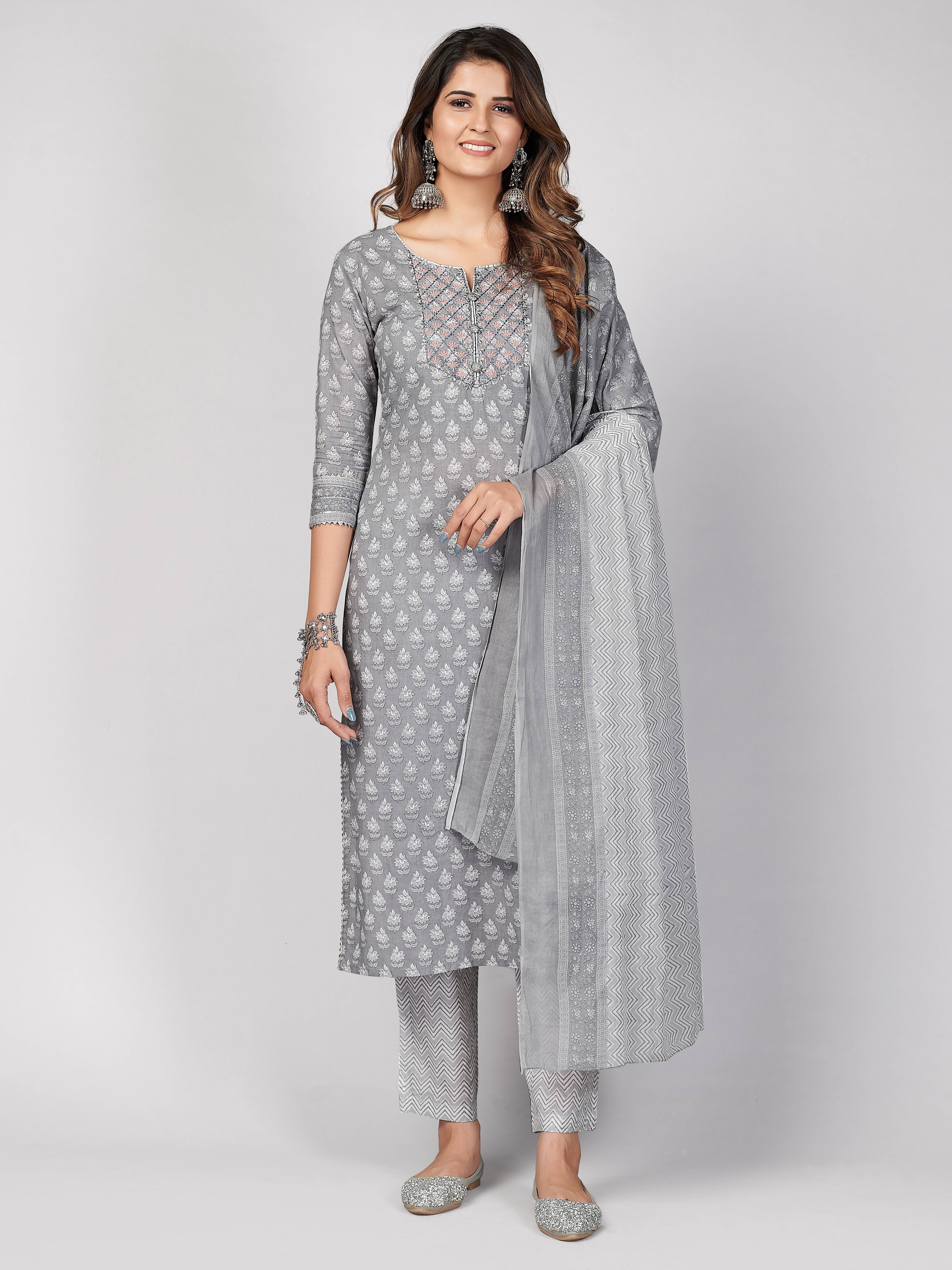 Vbuyz - Grey Straight Cotton Women's Stitched Salwar Suit ( Pack of 1 ) Vbuyz - Grey Straight Cotton Women's Stitched Salwar Suit ( Pack of 1 )