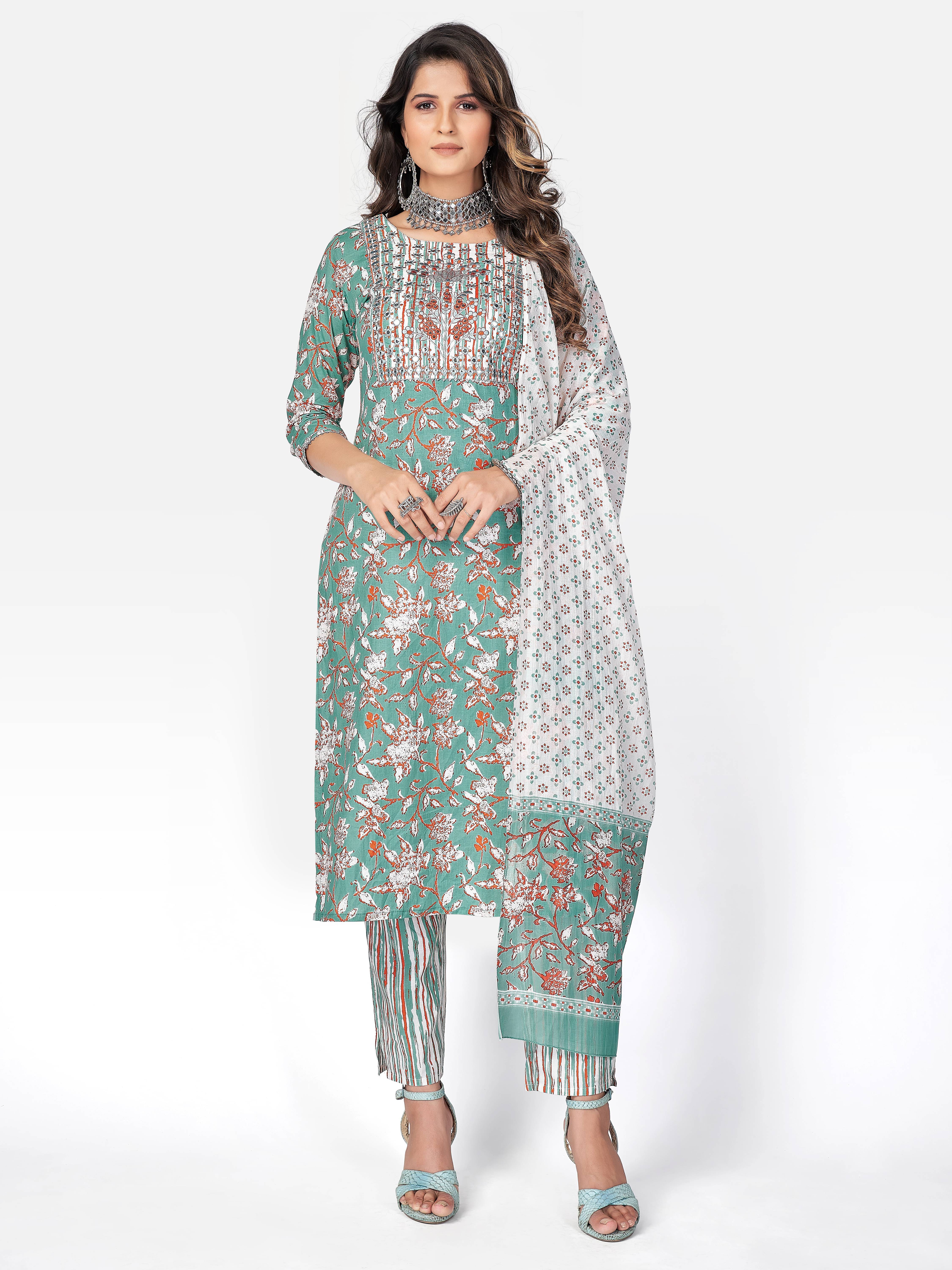     			Vbuyz - Sea Green Straight Cotton Women's Stitched Salwar Suit ( Pack of 1 )
