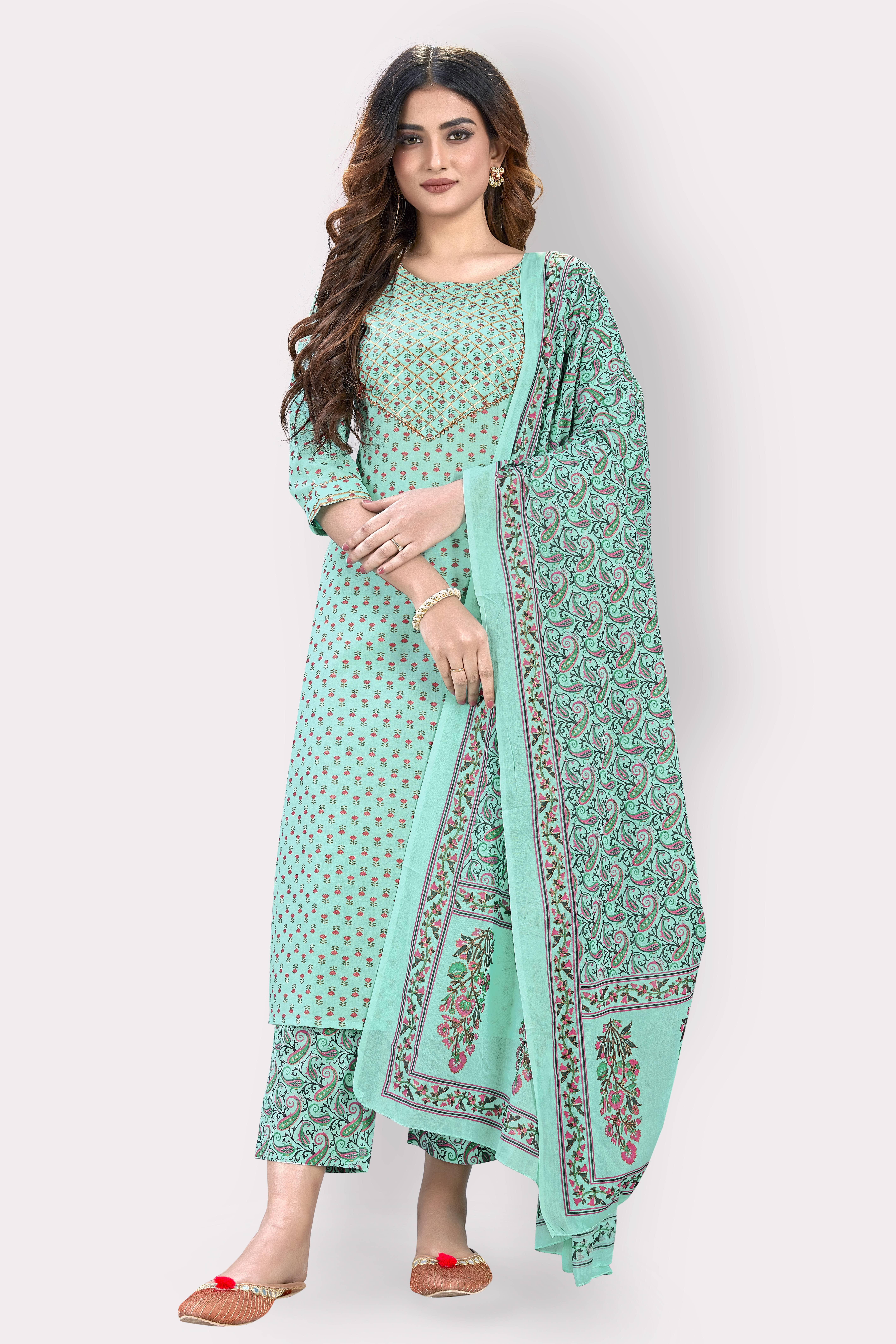 Vbuyz - Turquoise Straight Cotton Women's Stitched Salwar Suit ( Pack of 1 )