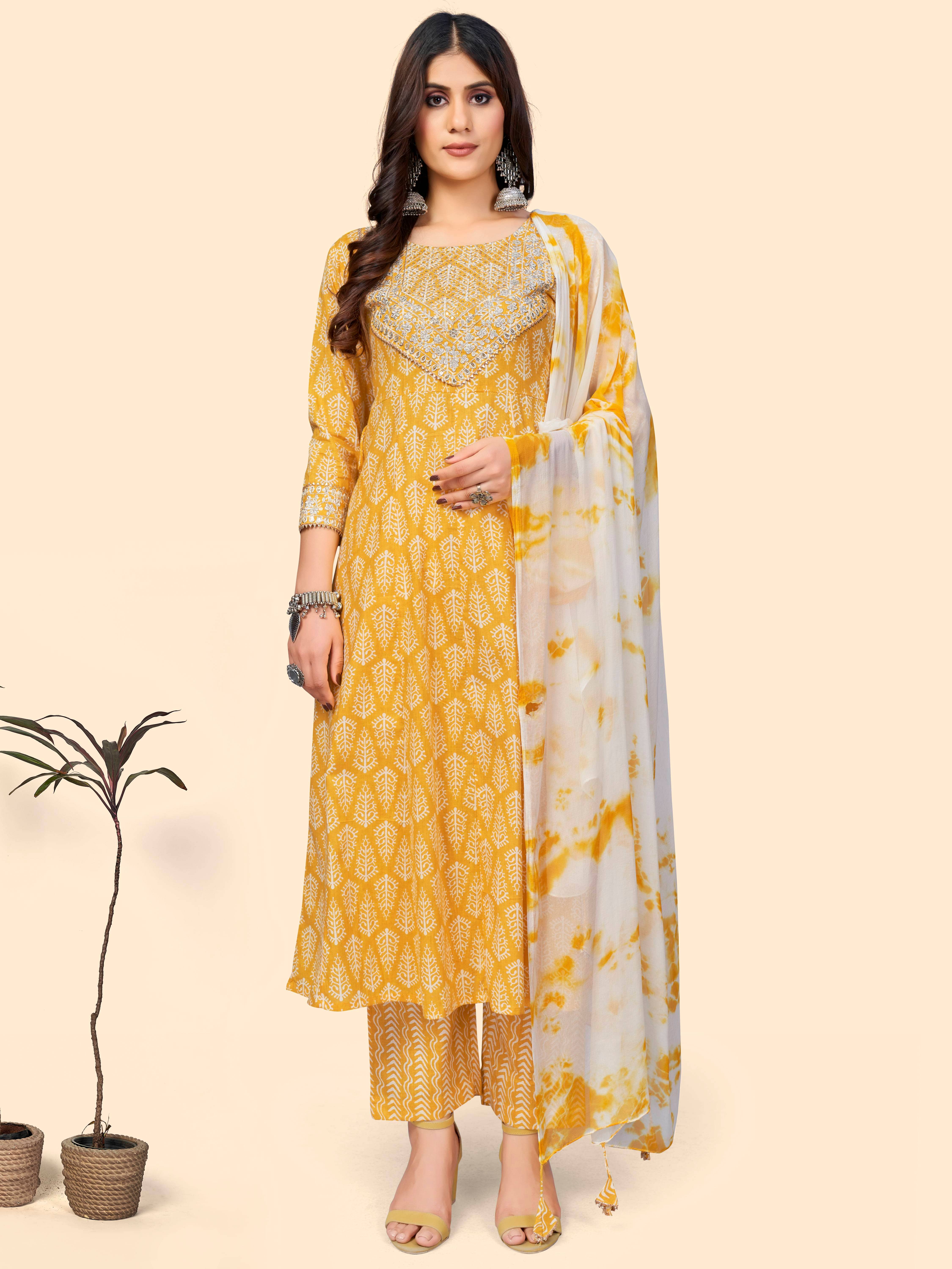 Vbuyz - Yellow A-line Cotton Women's Stitched Salwar Suit ( Pack of 1 )