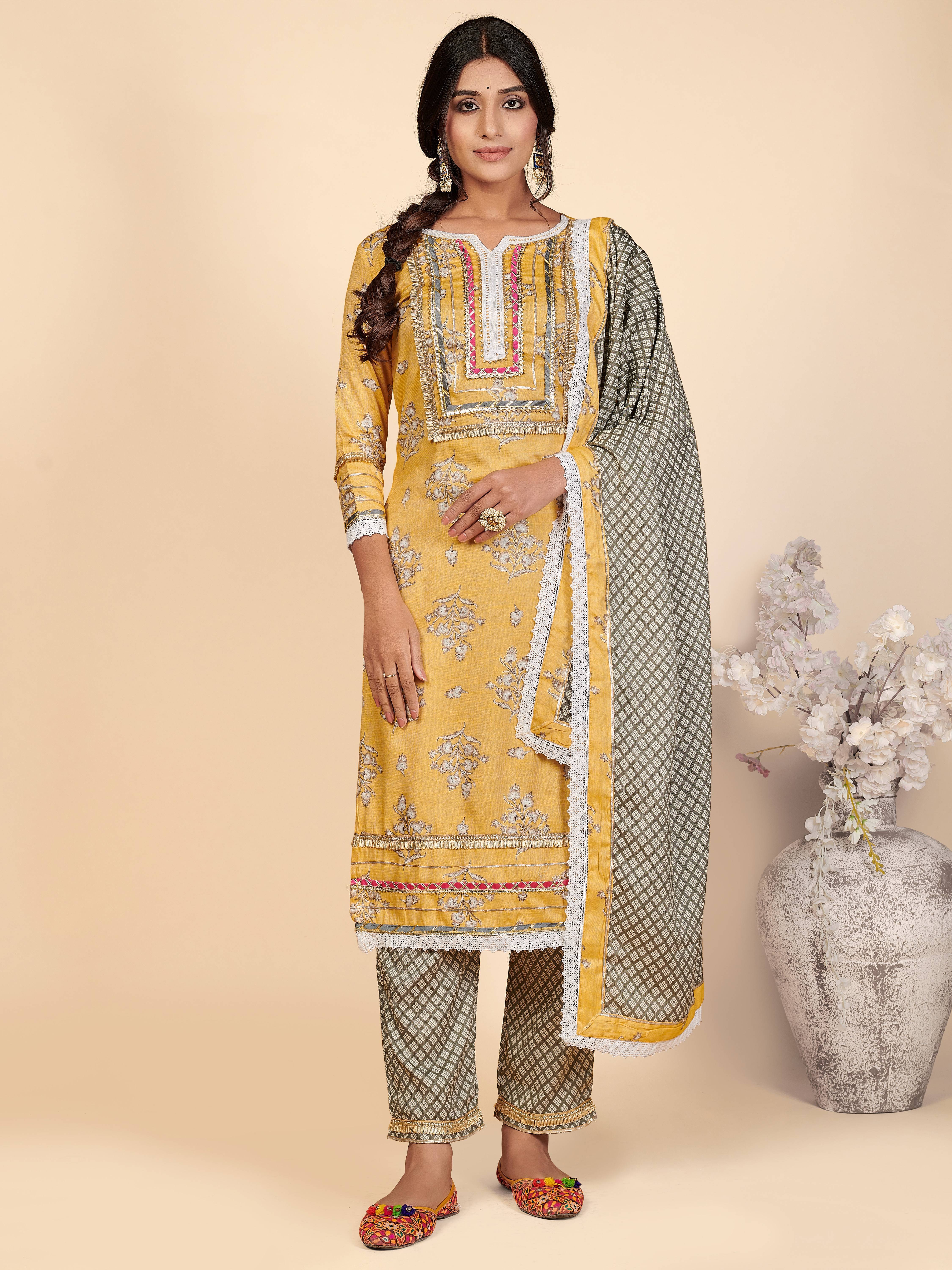 Vbuyz - Yellow Straight Rayon Women's Stitched Salwar Suit ( Pack of 1 )     			Vbuyz - Yellow Straight Rayon Women's Stitched Salwar Suit ( Pack of 1 )