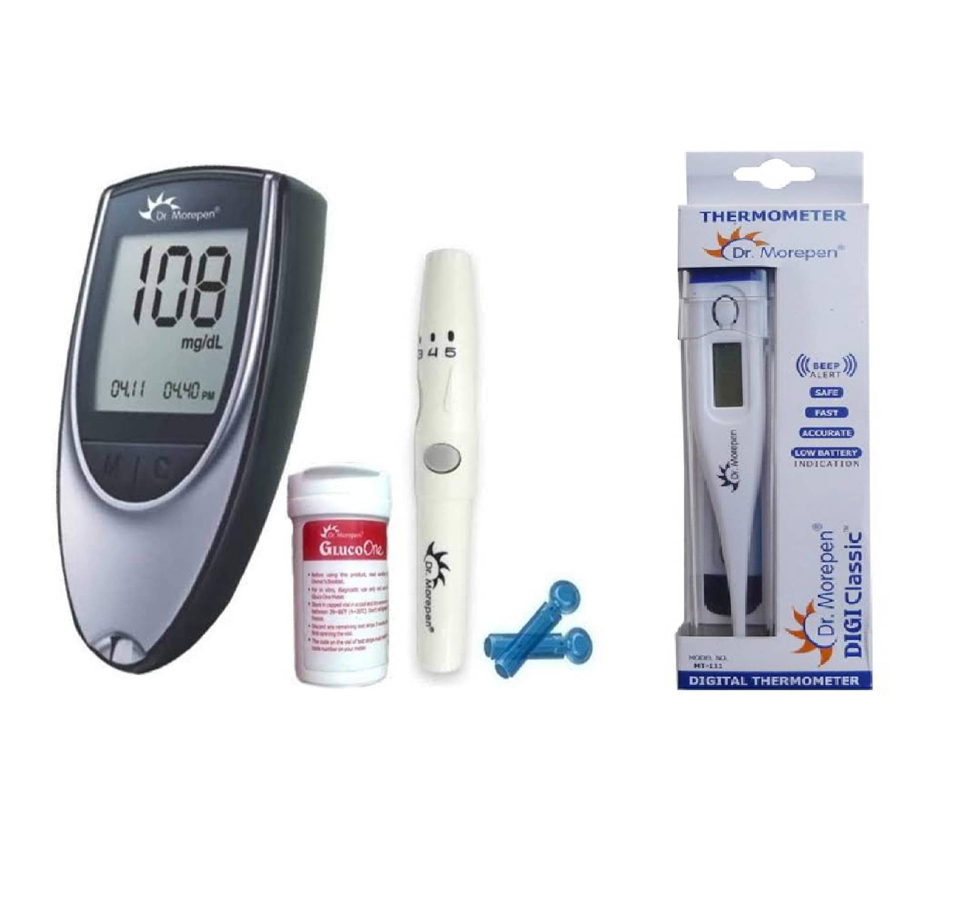 Dr. Morepen BG-03 Glucometer, 50 Sugar Test Strips Expiry- December 2023 & Thermometer