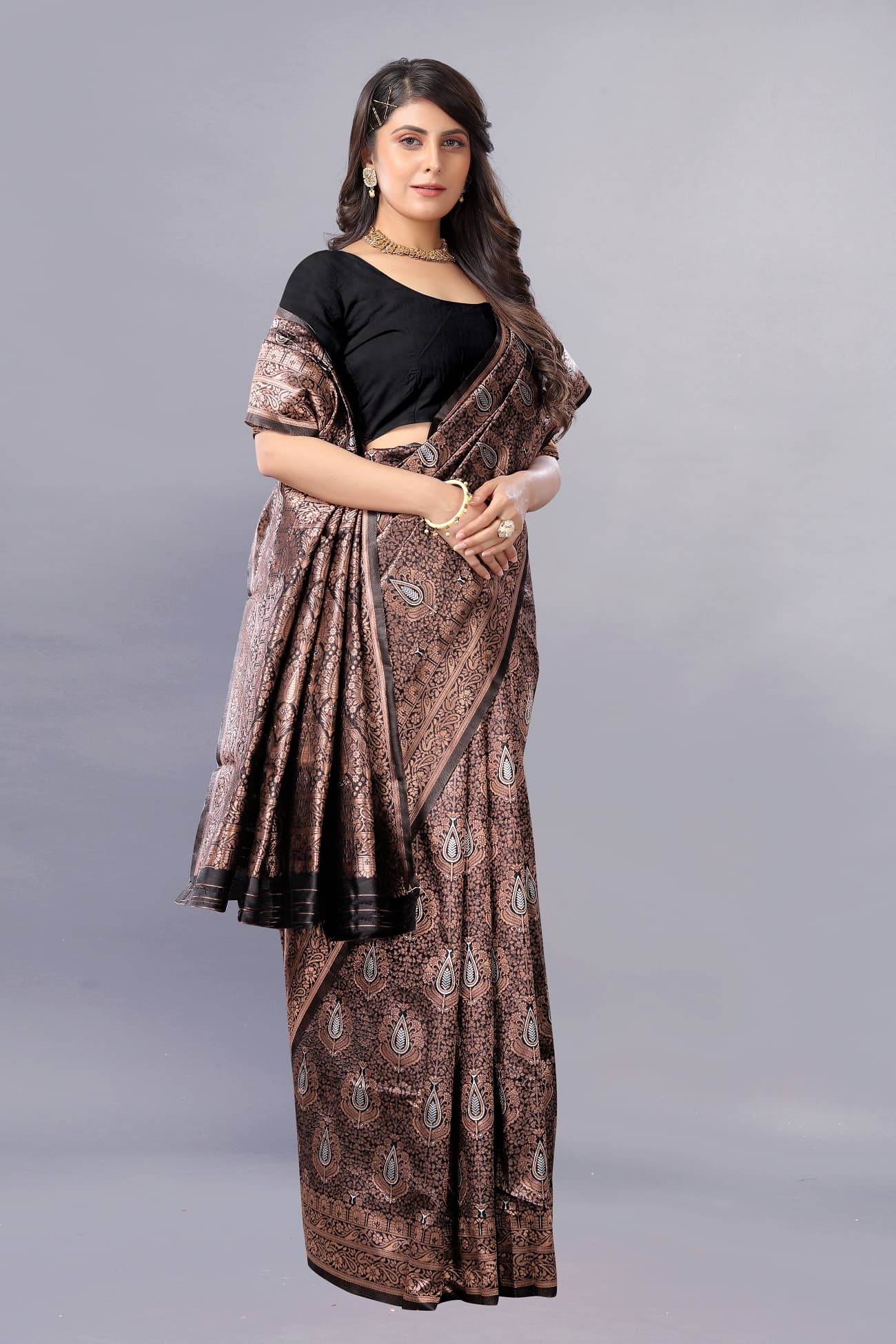 Gazal Fashions Banarasi Silk Printed Saree With Unstitched Blouse Piece ( Black ) - Sarees | Buy online on ZillyBuy