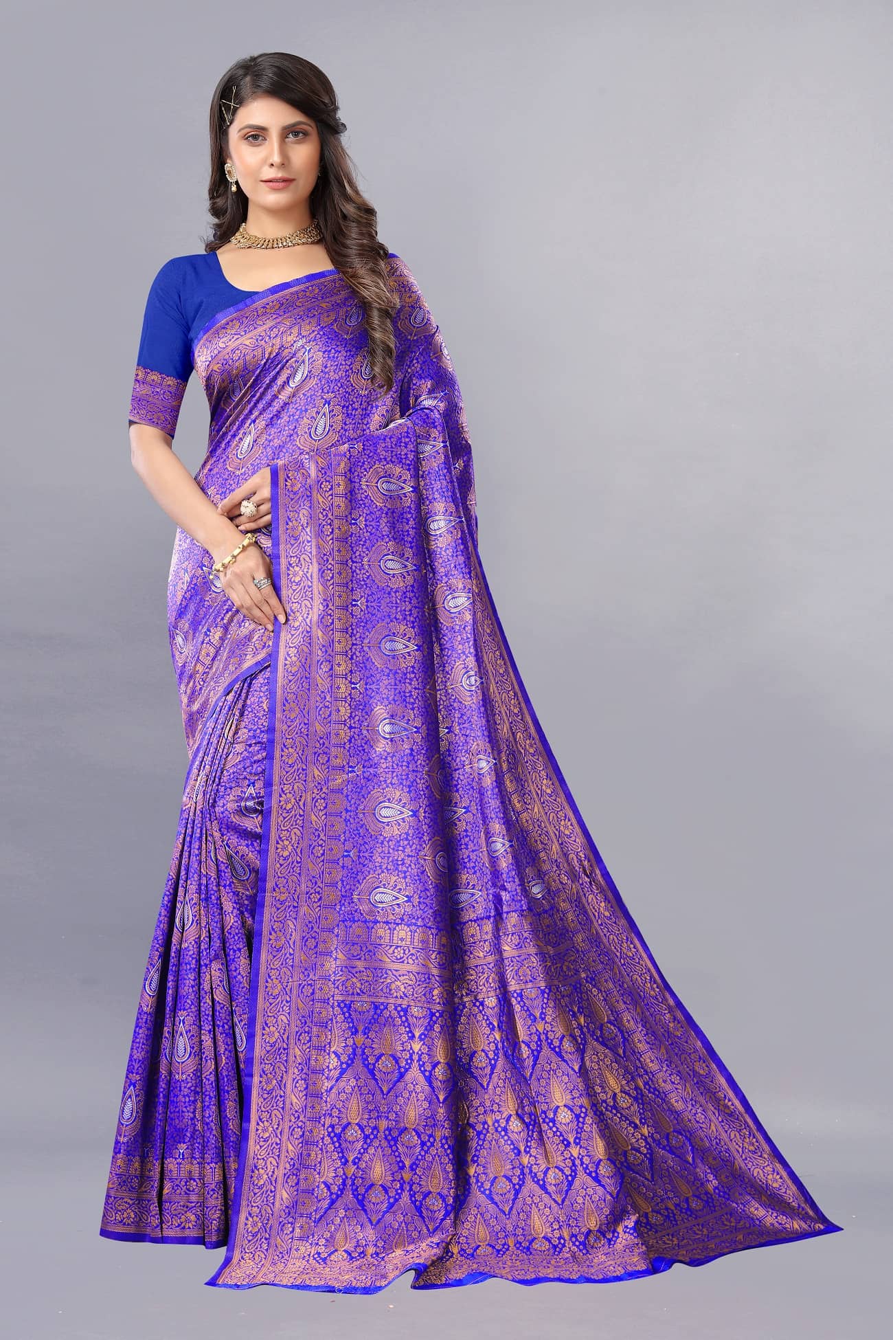 Gazal Fashions Banarasi Silk Embellished Saree With Unstitched Blouse Piece ( Blue ) - Sarees | Buy online on ZillyBuy