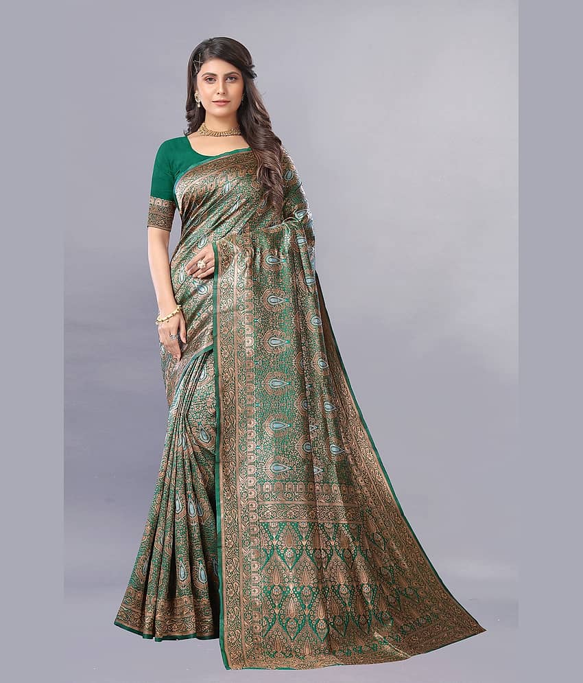 Gazal Fashions Banarasi Silk Embellished Saree With Unstitched Blouse Piece ( Green ) - Sarees | Buy online on ZillyBuy
