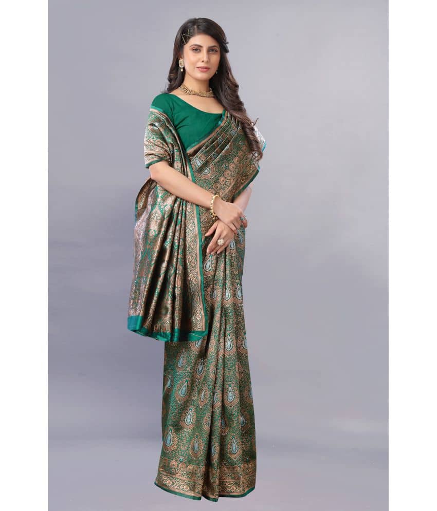 Gazal Fashions Banarasi Silk Embellished Saree With Unstitched Blouse Piece ( Green ) - Sarees | Buy online on ZillyBuy