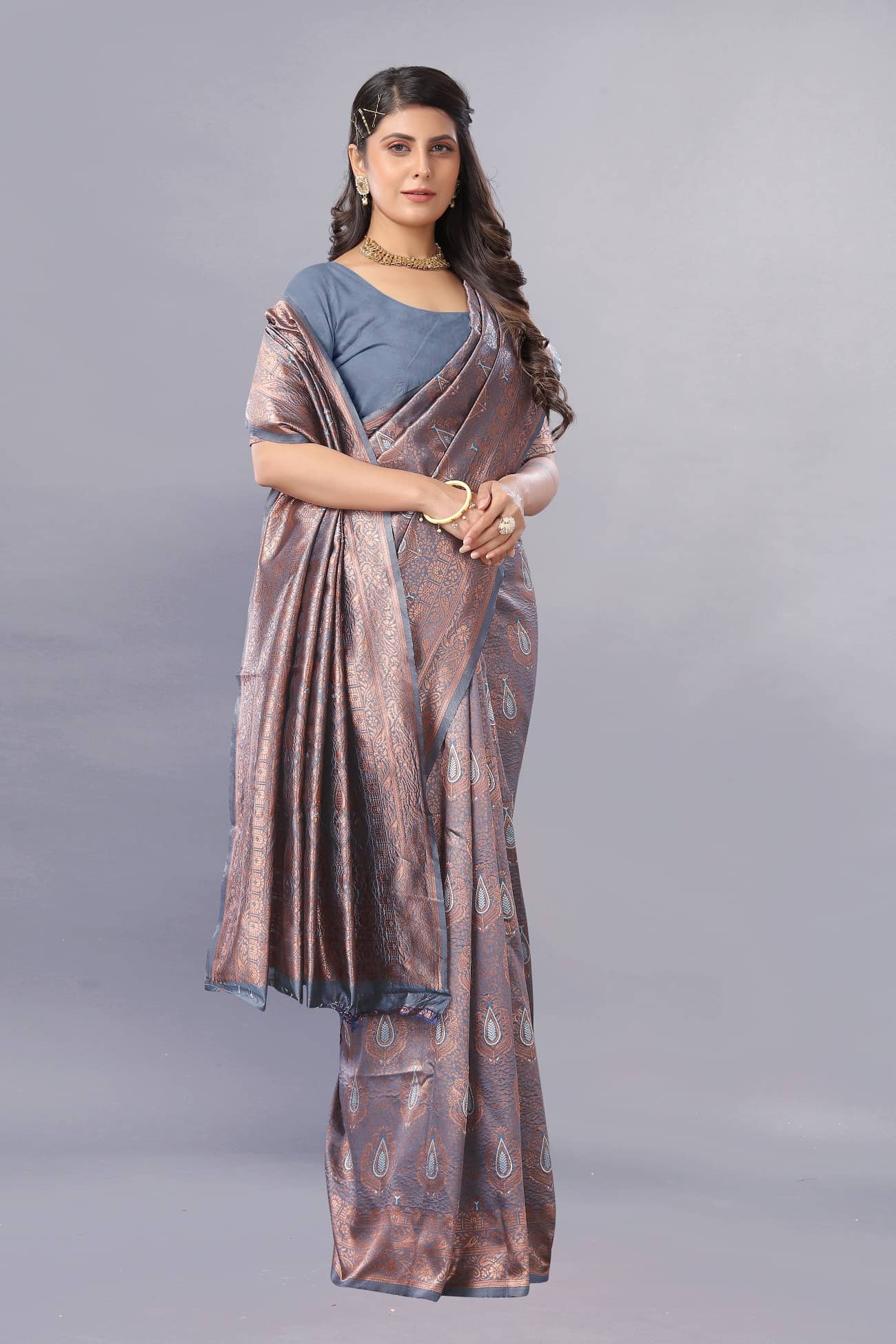 Gazal Fashions Banarasi Silk Embellished Saree With Unstitched Blouse Piece ( Grey ) - Sarees | Buy online on ZillyBuy