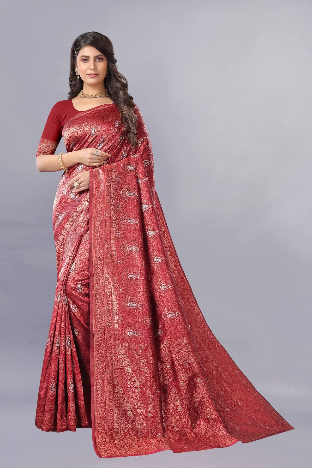 Gazal Fashions Banarasi Silk Printed Saree With Unstitched Blouse Piece ( Maroon ) - Sarees | Buy online on ZillyBuy