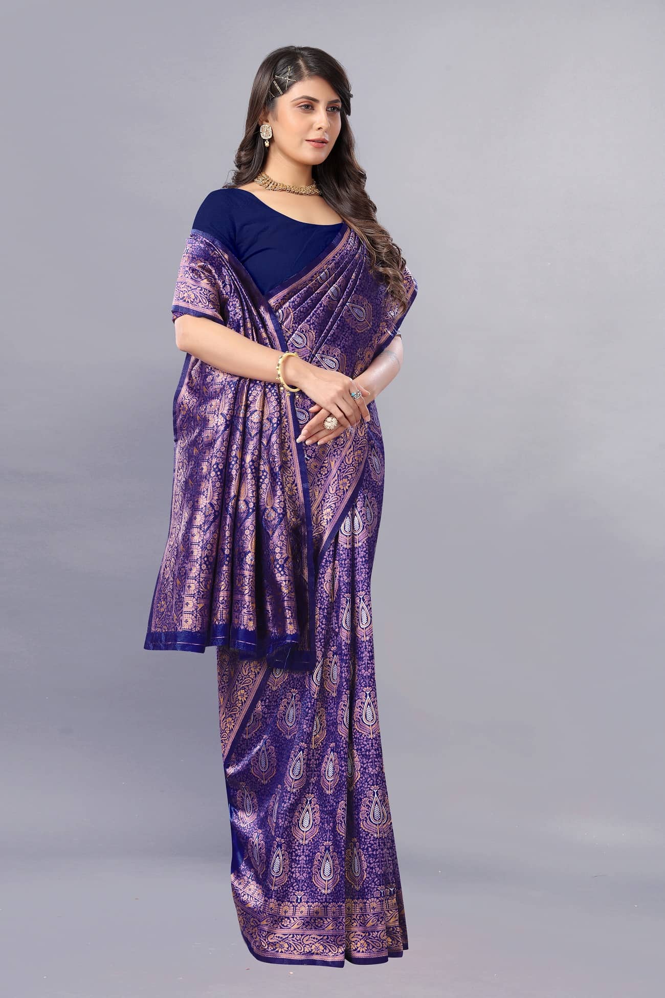 Gazal Fashions Banarasi Silk Embellished Saree With Unstitched Blouse Piece ( Navy Blue ) - Sarees | Buy online on ZillyBuy
