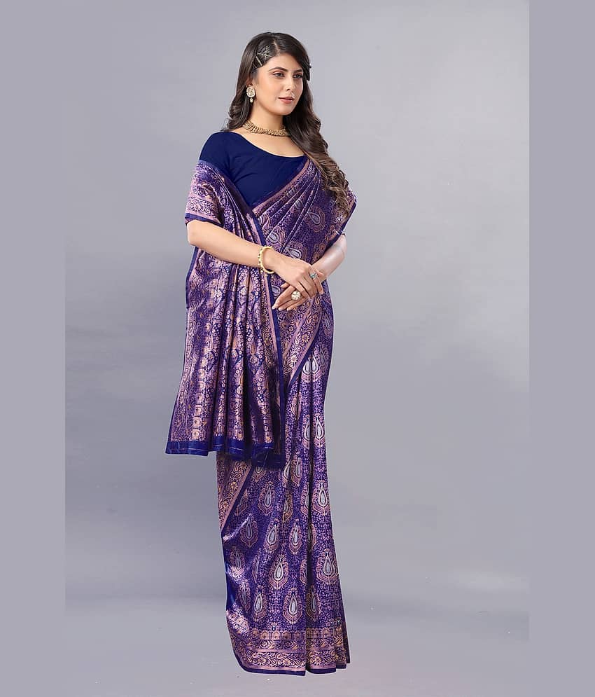 Gazal Fashions Banarasi Silk Embellished Saree With Unstitched Blouse Piece ( Navy Blue ) - Sarees | Buy online on ZillyBuy