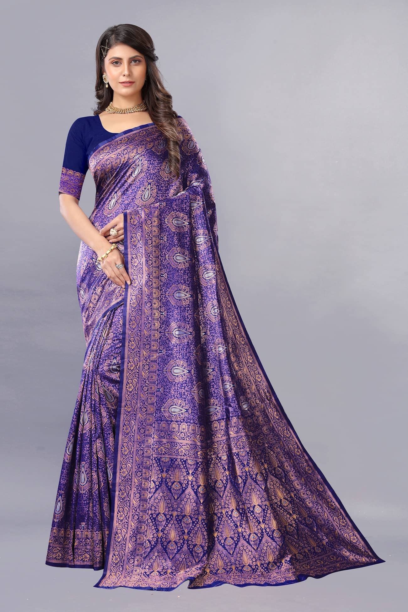 Gazal Fashions Banarasi Silk Embellished Saree With Unstitched Blouse Piece ( Navy Blue ) - Sarees | Buy online on ZillyBuy