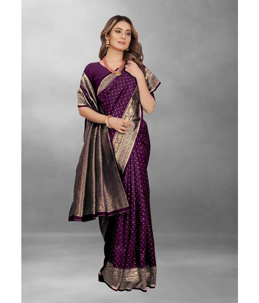 Gazal Fashions Banarasi Silk Embellished Saree With Unstitched Blouse Piece ( Purple ) - Sarees | Buy online on ZillyBuy