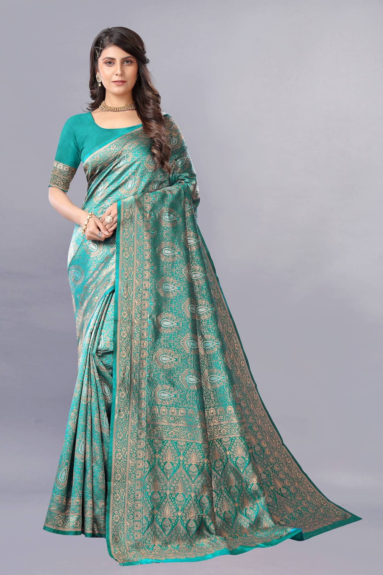     			Gazal Fashions Banarasi Silk Embellished Saree With Unstitched Blouse Piece ( Rama )