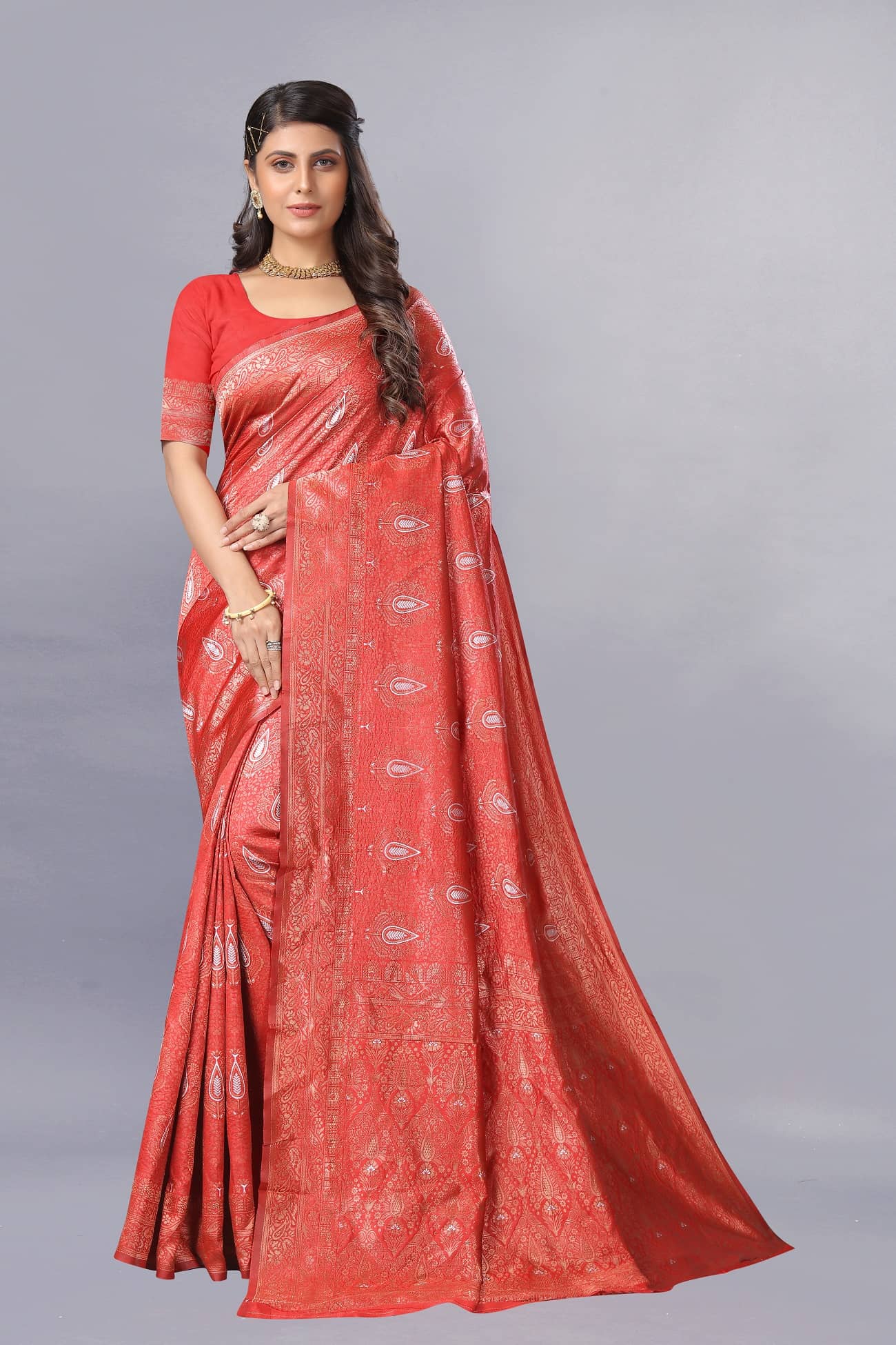 Gazal Fashions Banarasi Silk Embellished Saree With Unstitched Blouse Piece ( Red ) - Sarees | Buy online on ZillyBuy
