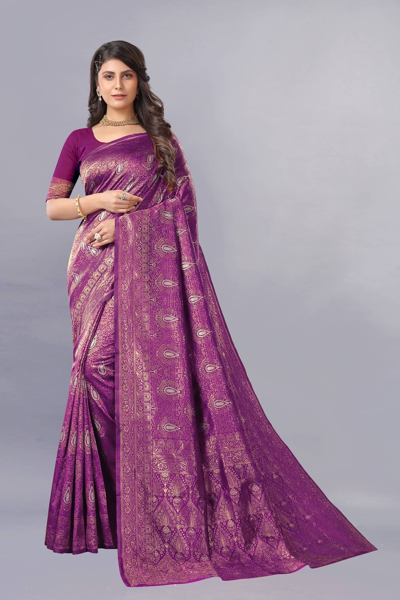 Gazal Fashions Banarasi Silk Embellished Saree With Unstitched Blouse Piece ( Wine ) - Sarees | Buy online on ZillyBuy