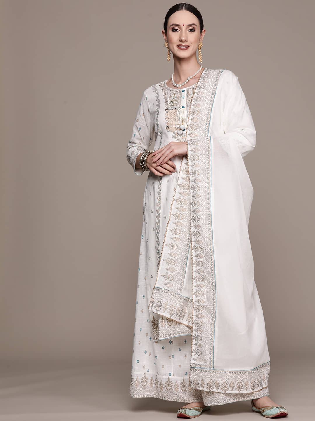 Ishin - Off White Anarkali Cotton Women's Stitched Salwar Suit ( Pack of 1 )