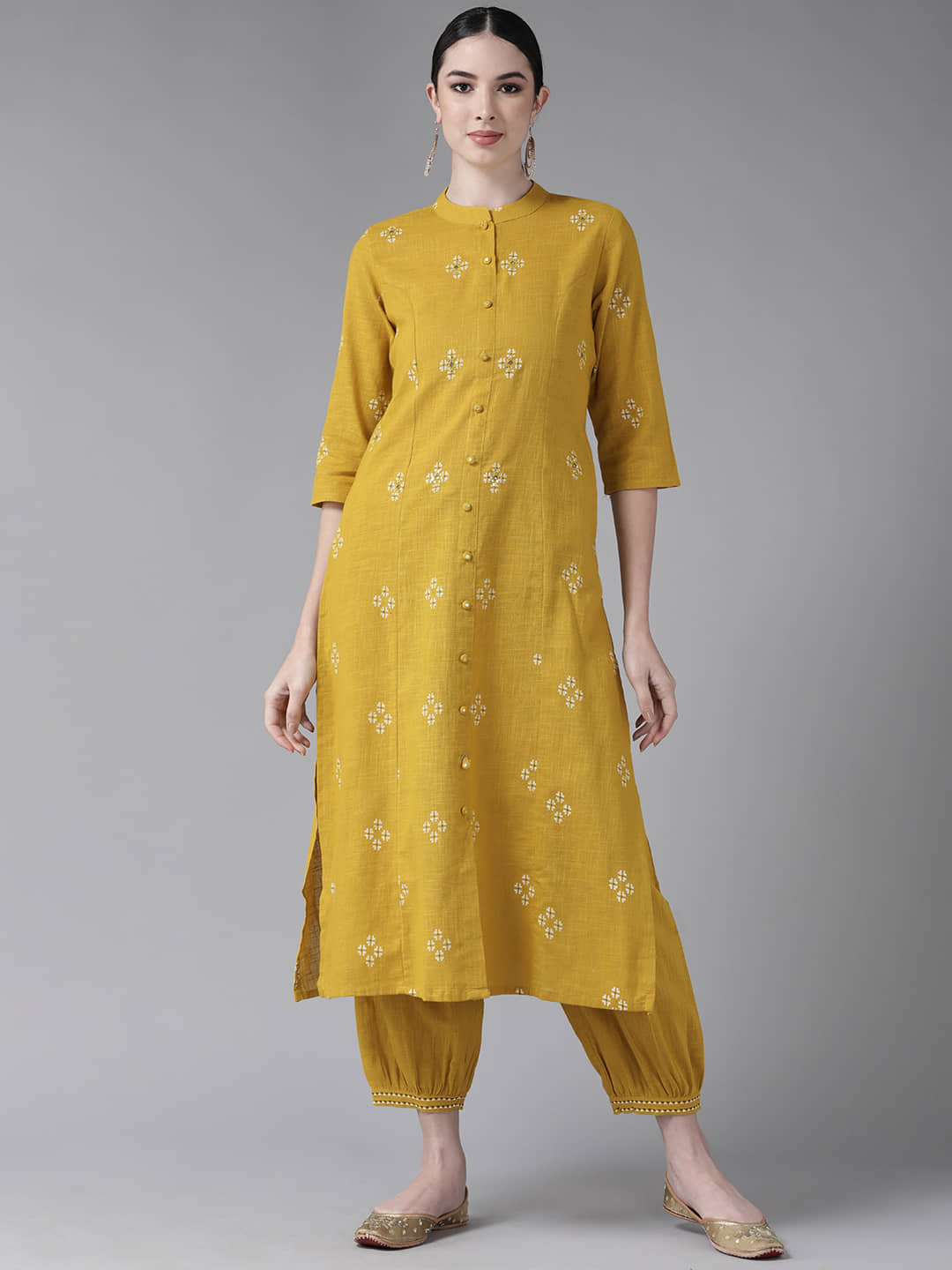 Ishin - Yellow A-line Cotton Women's Stitched Salwar Suit ( Pack of 1 )