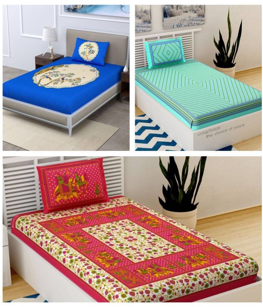    			Uniqchoice - Multicolor Cotton 3 Single Bedsheets with 3 Pillow Covers