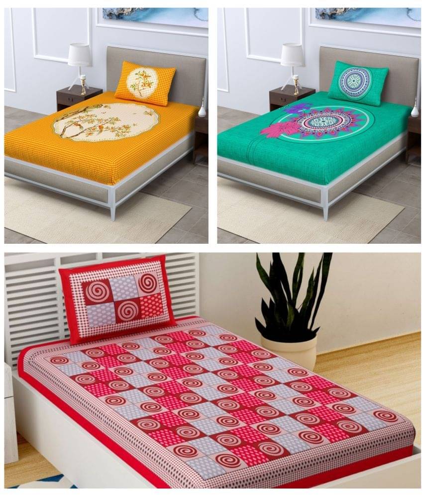 Uniqchoice - Multicolor Cotton 3 Single Bedsheets with 3 Pillow Covers     			Uniqchoice - Multicolor Cotton 3 Single Bedsheets with 3 Pillow Covers