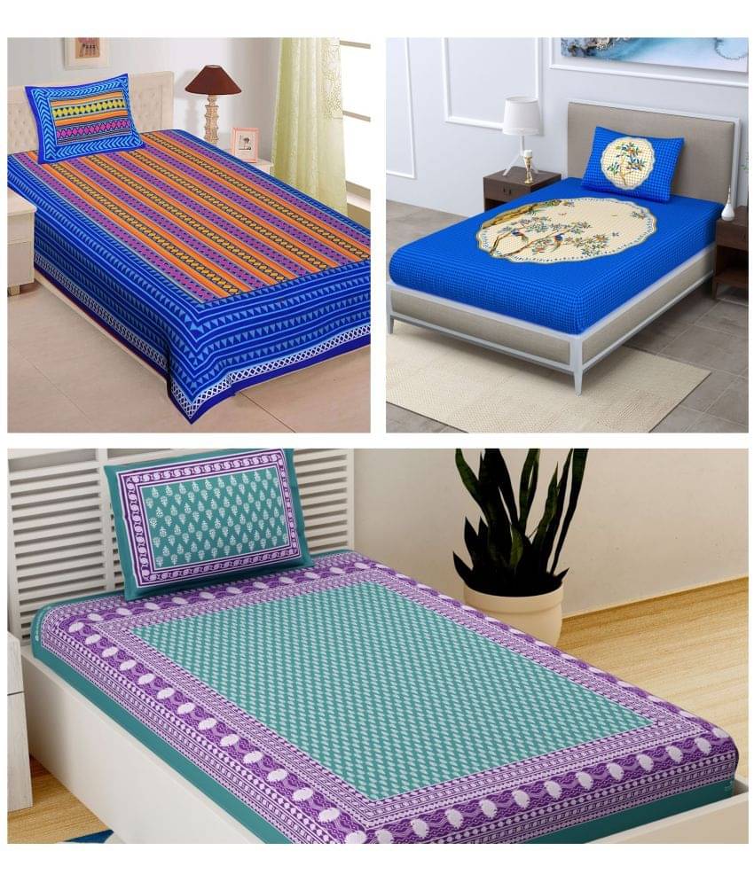     			Uniqchoice - Multicolor Cotton 3 Single Bedsheets with 3 Pillow Covers