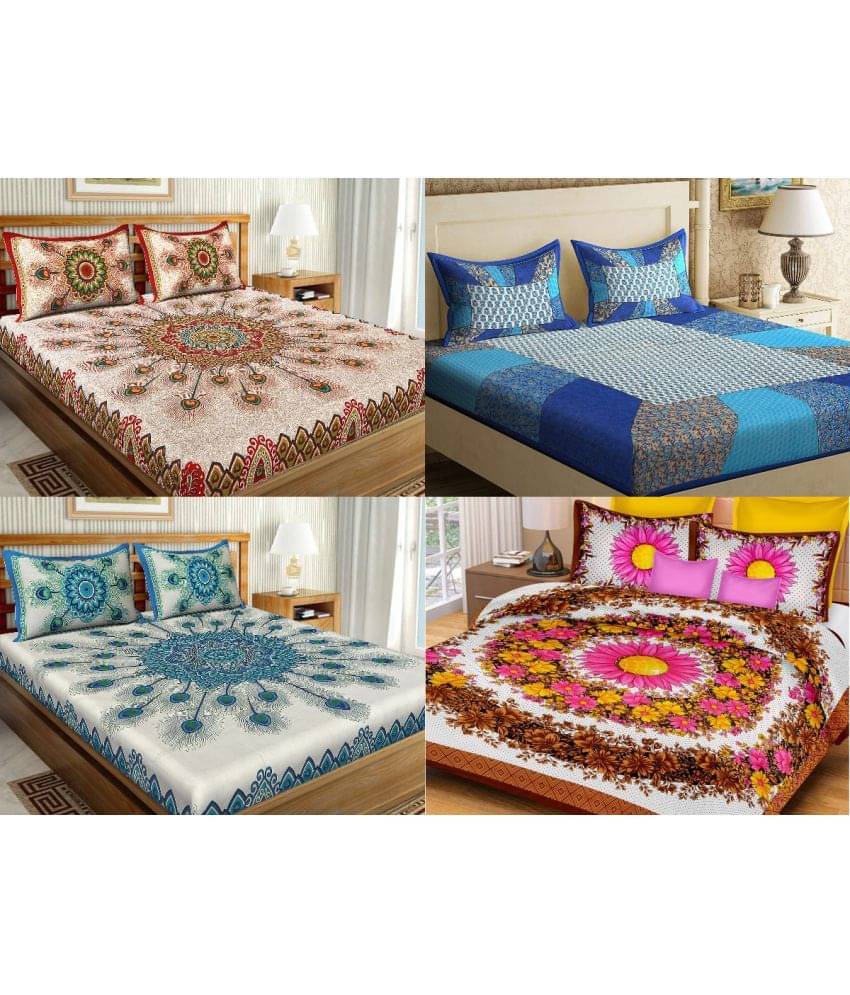     			Uniqchoice - Multicolor Cotton 4 Double Bedsheets with 8 Pillow Covers