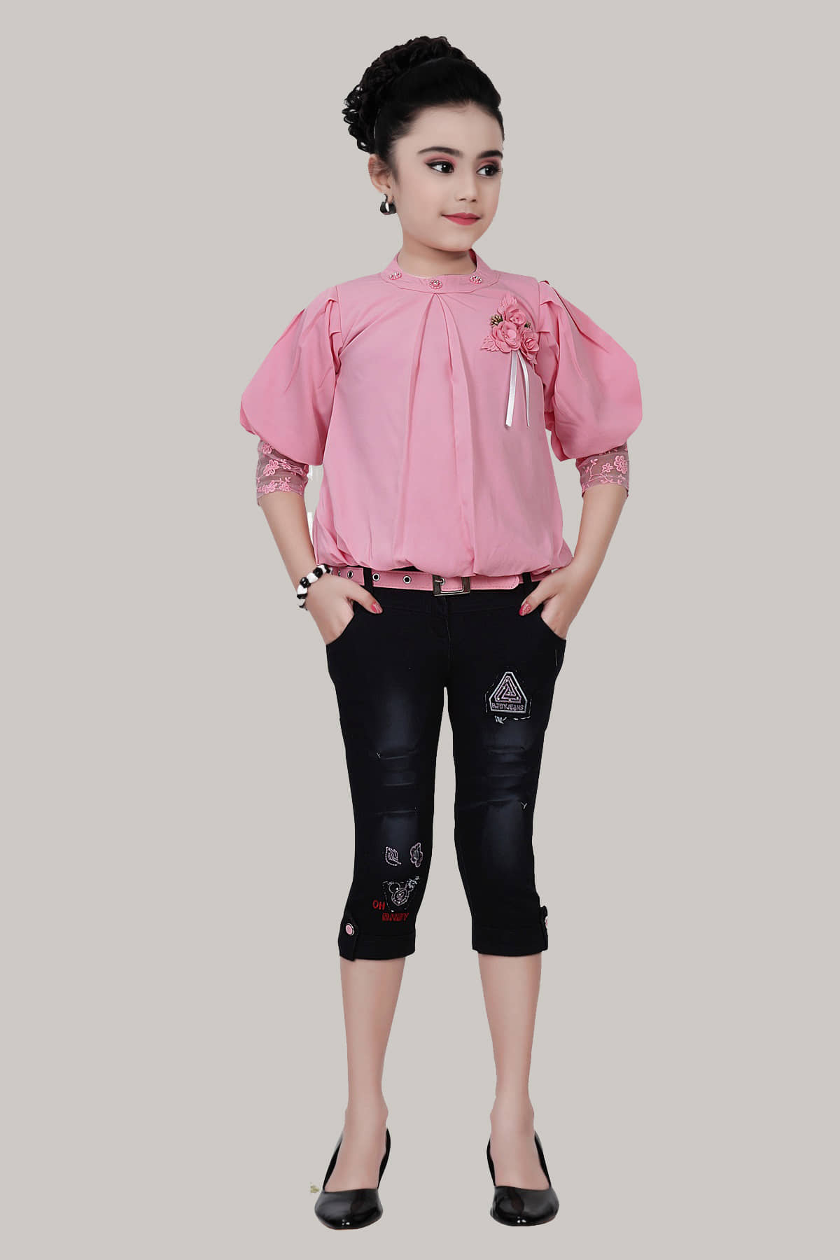 Cherry Tree Pack of 1 Girls Denim Top With Capris ( Black )