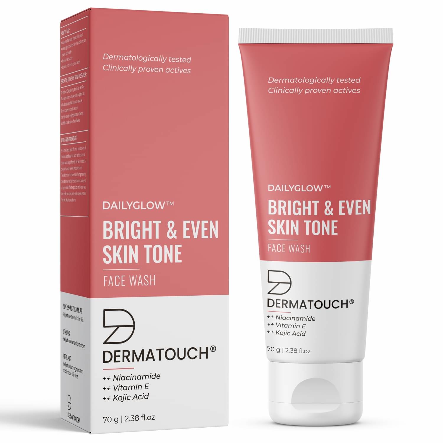     			Dermatouch Bright & Even Tone Face Wash with Niacinamide, Vitamin E and Kojic Acid, 70gm