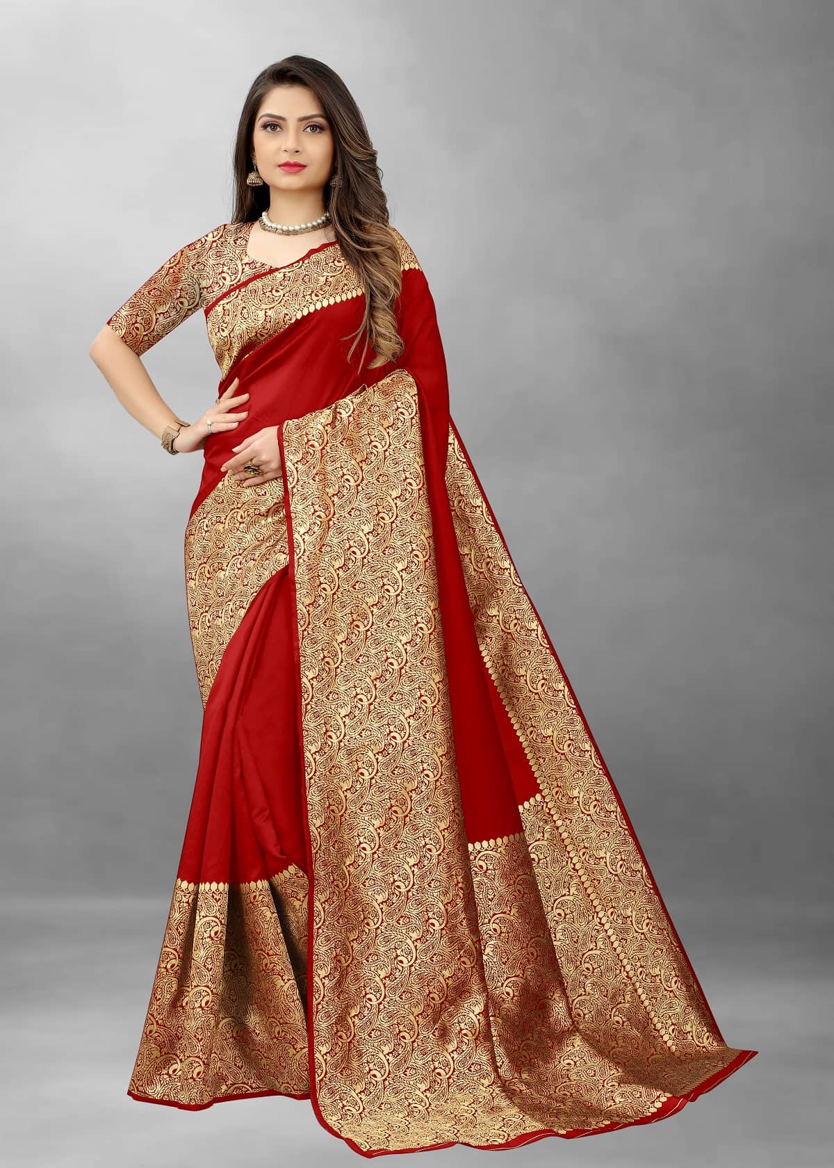 Gazal Fashions Banarasi Silk Embellished Saree With Unstitched Blouse Piece ( Red ) - Sarees | Buy online on ZillyBuy