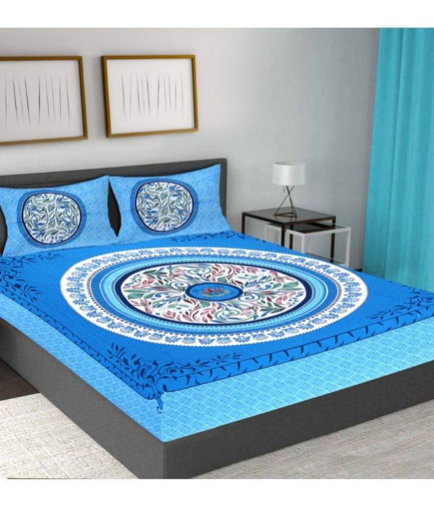     			Frionkandy Cotton Floral Printed Double Bedsheet with 2 Pillow Covers - Blue
