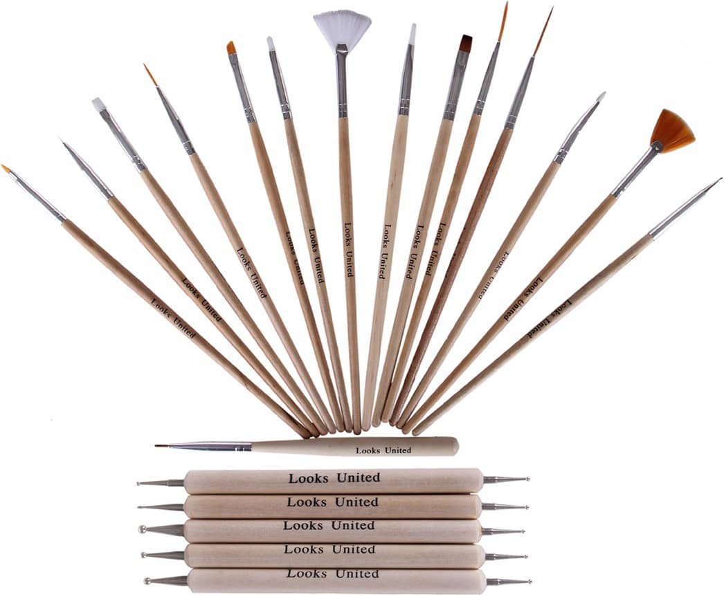 Looks United Pack Of 15 Nail Art Brushes And 5 Two Way Dotting Tools Wood Color (Pack Of 20)