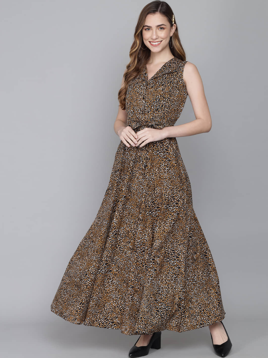 TOGZZ Women Crepe Printed Gown ( Brown )