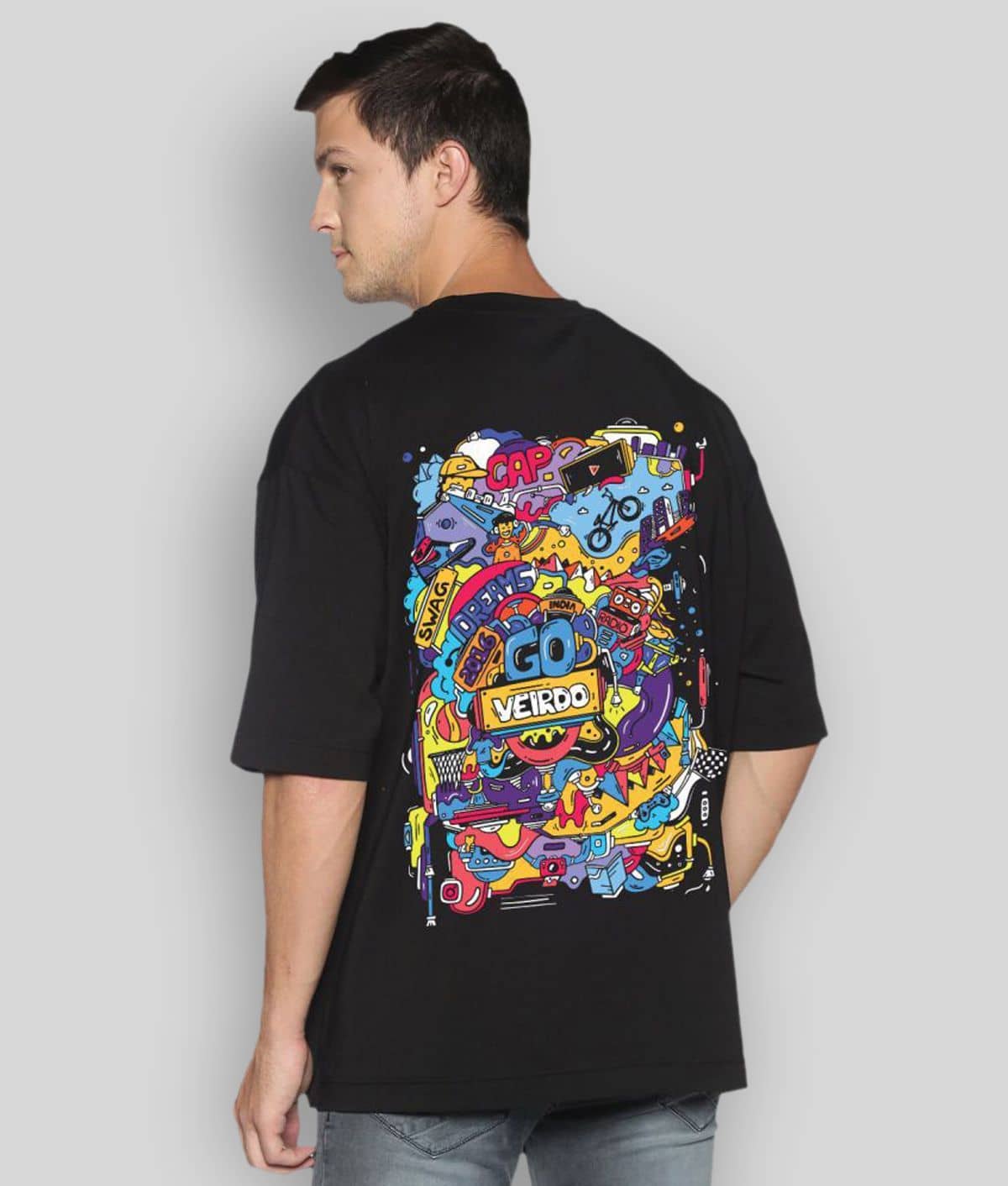 Veirdo Pack of 1 Cotton Oversized Fit Men's T-Shirt ( Black )